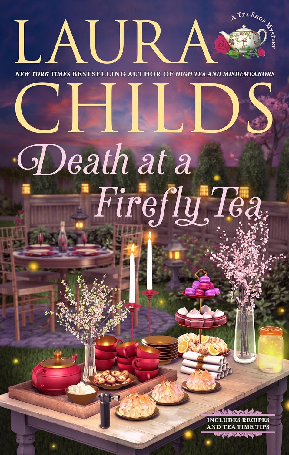 Book cover titled 'Death at a Firefly Tea' by Laura Childs. 