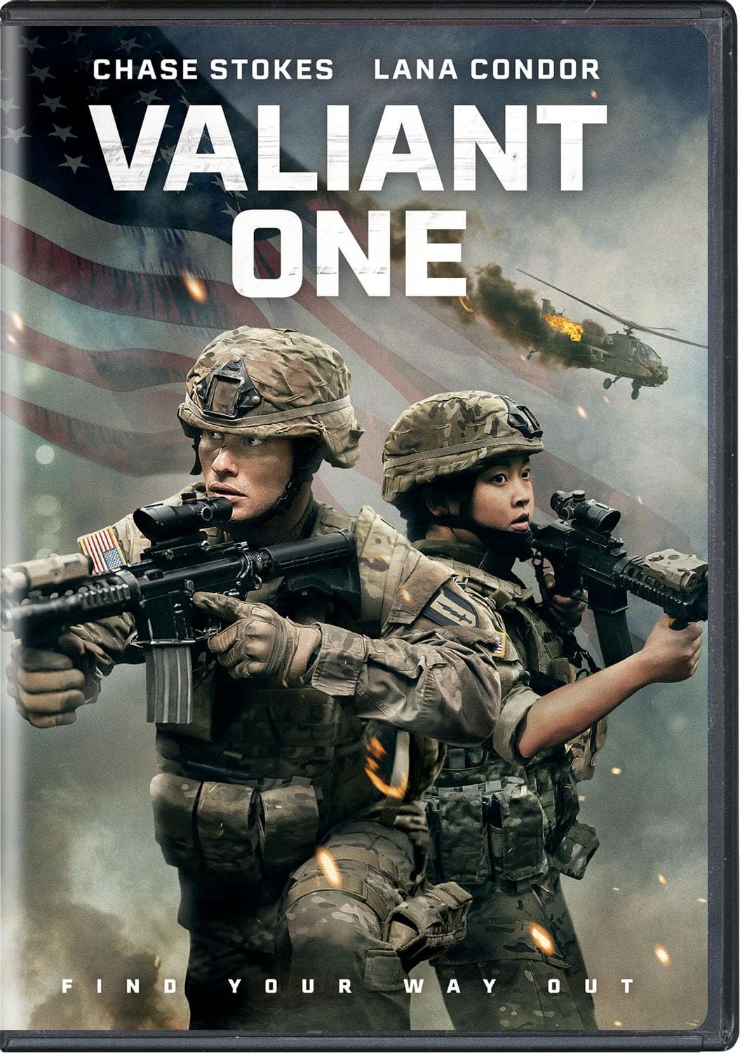 Cover of "Valiant One" movie featuring two soldiers with guns, wearing military gear, set against a backdrop with an American flag and a burning helicopter. Text reads "CHASE STOKES, LANA CONDOR, VALIANT ONE, FIND YOUR WAY OUT."
