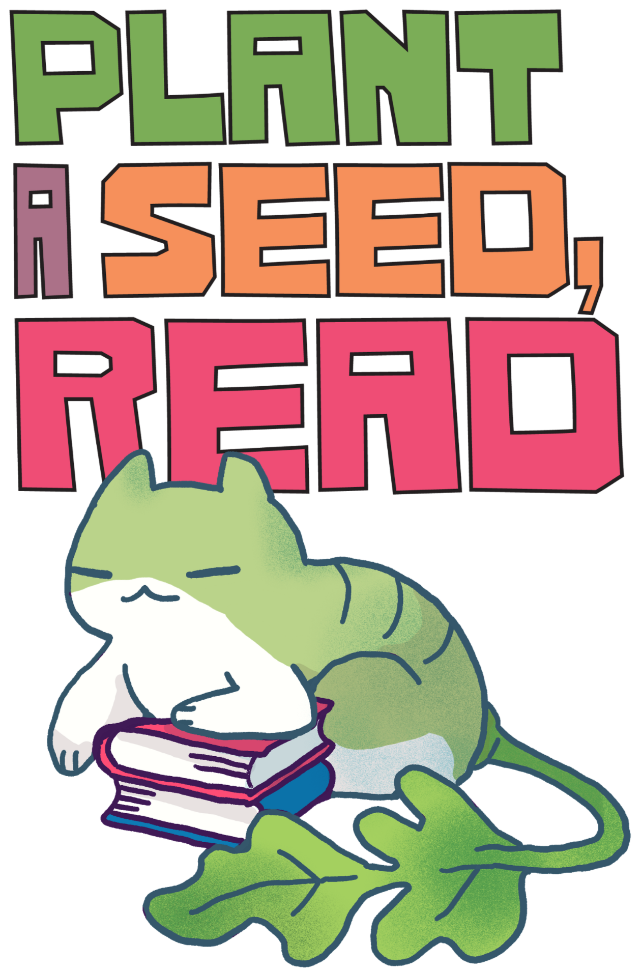 Plant a Seed, Read Colorful logo with cat with cabbage leaf tail.