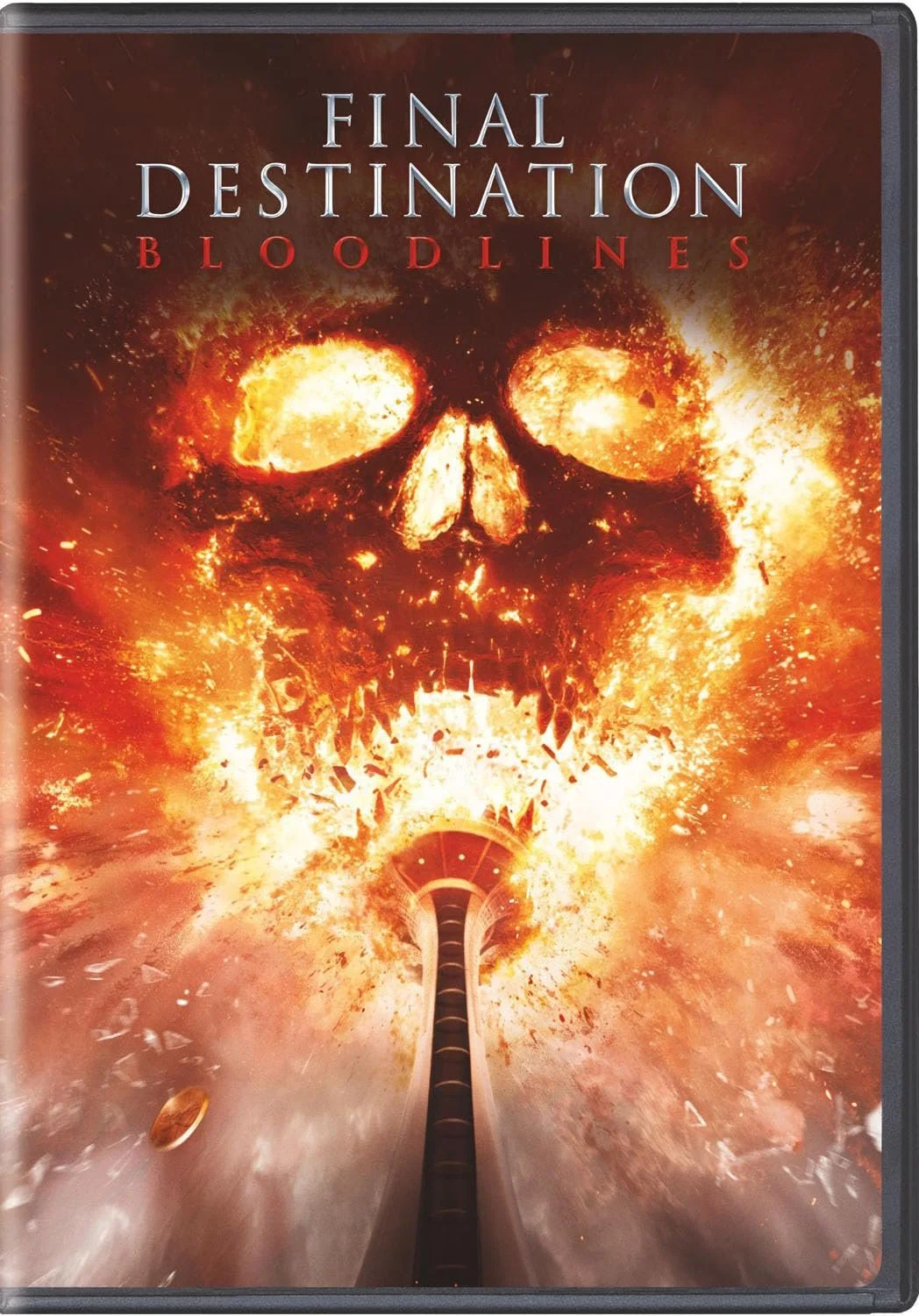 DVD cover art for the video game Final Destination Bloodlines featuring a fiery skull with glowing eyes and sharp teeth, with a missile or rocket launching from the bottom center, amidst explosions and debris.