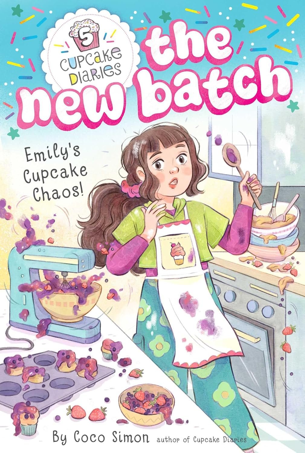 Cover of "The New Batch" from the Cupcake Diaries series by Coco Simon, featuring a girl in a messy kitchen, surrounded by cupcake batter and confectionery chaos, with bright, colorful text and graphics.