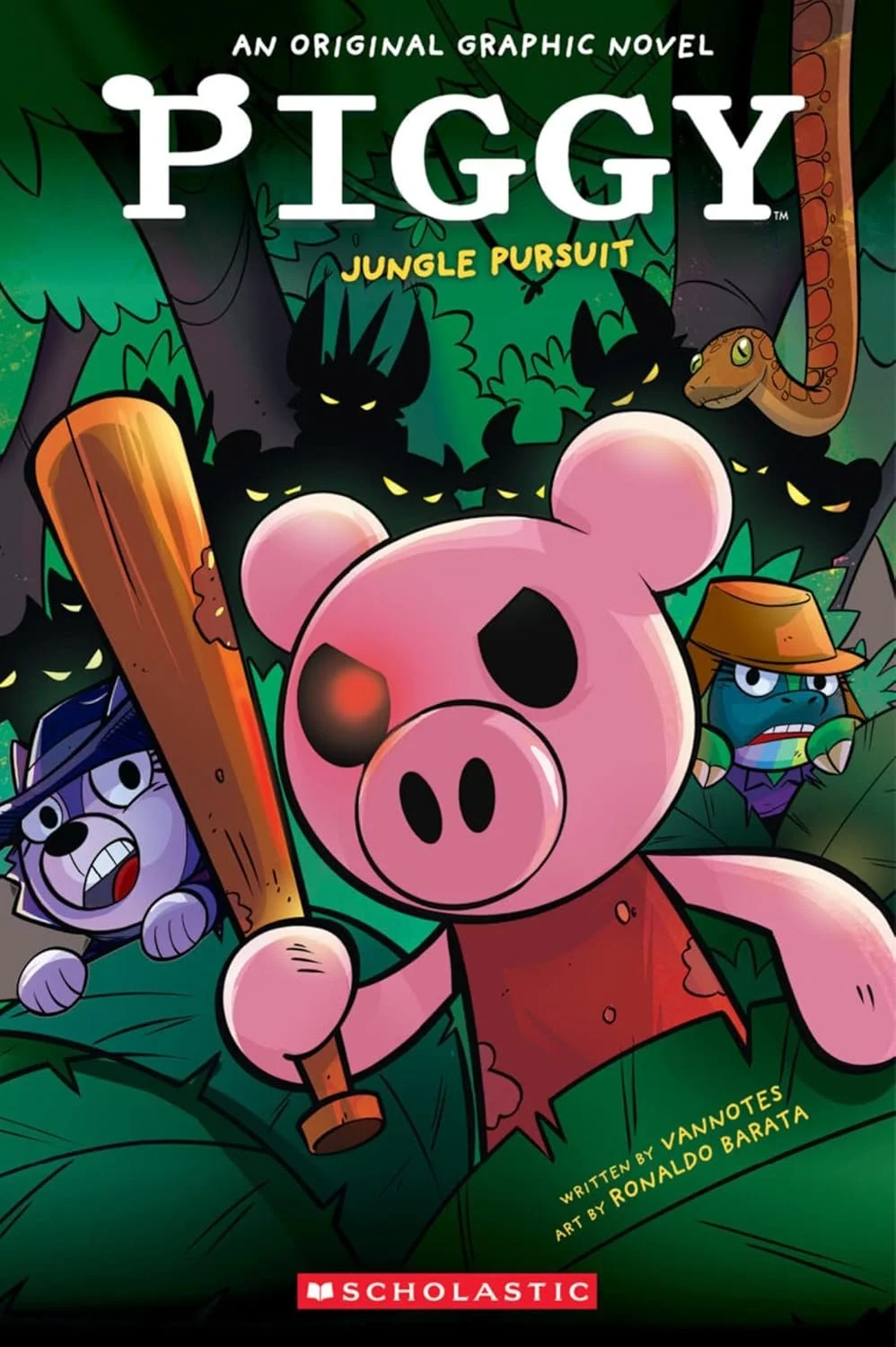 Cover of a graphic novel titled "Piggy: Jungle Pursuit" featuring a pink pig holding a wooden club, surrounded by jungle animals including a wolf, a snake, and a raccoon dressed as a jungle explorer, with dark jungle background.