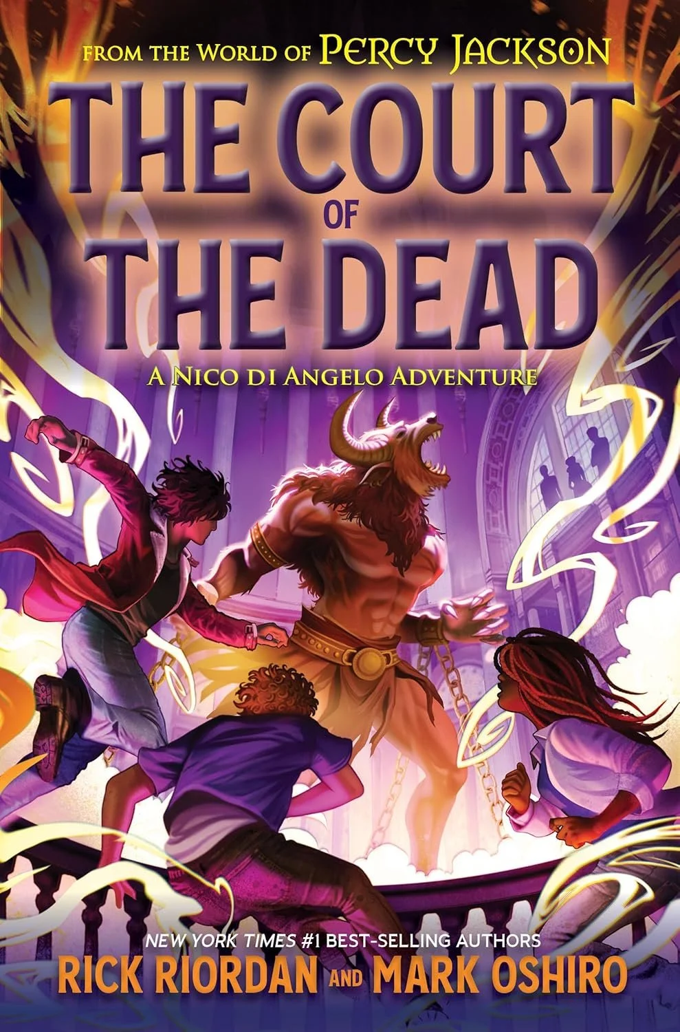Book cover for 'The Court of the Dead: A Nico di Angelo Adventure' by Rick Riordan and Mark Oshiro, featuring a muscular demon with horns, chains, and horns on its head, standing inside a grand hall with glowing magical energy, and three children con
