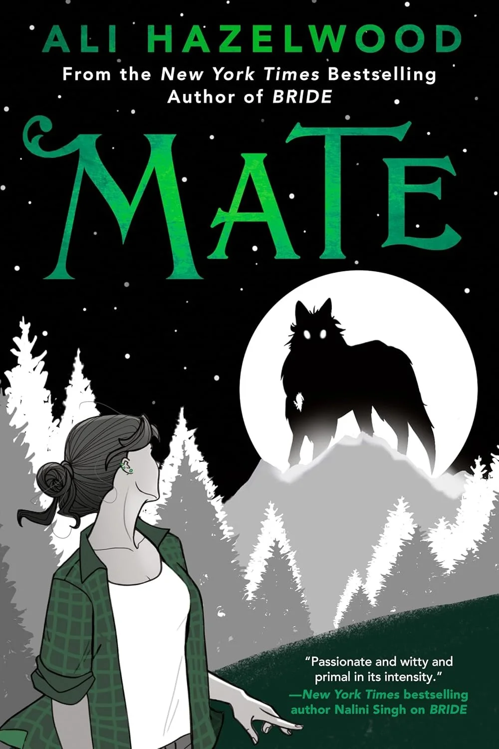 Book cover of 'Mate' by Ali Hazelwood, featuring a woman with her hair in a bun, standing in front of a mountain and forest scene with a large, black, wolf-like creature with glowing eyes on top of a mountain, illuminated by a full moon.