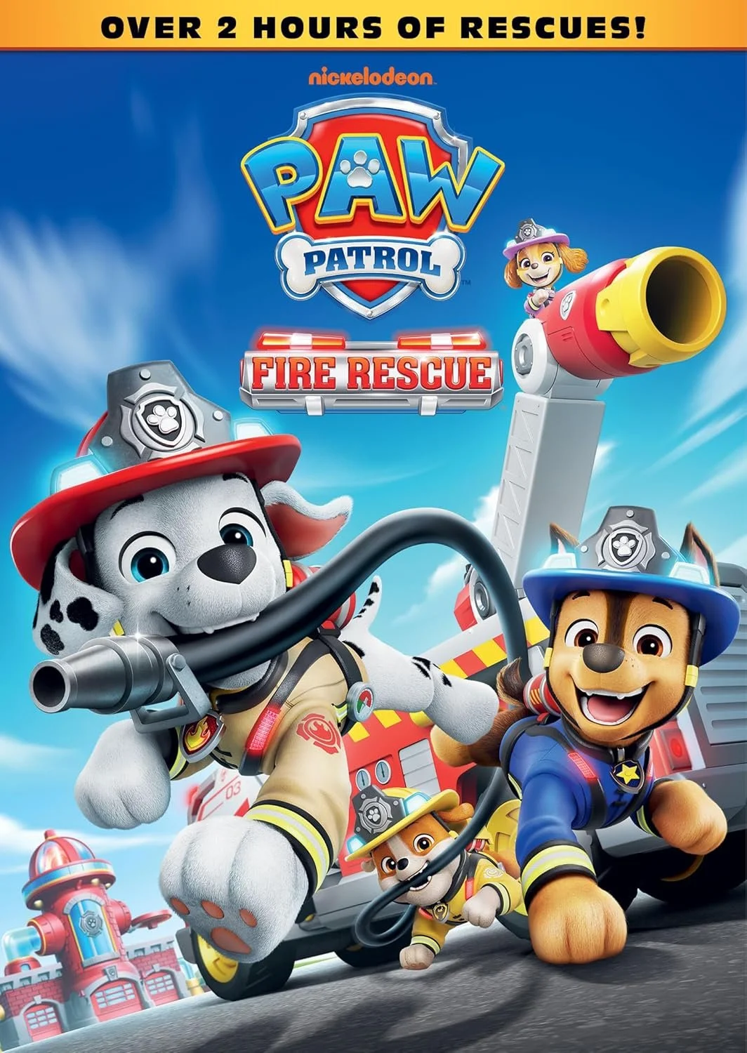 Cover art for Nickelodeon's Paw Patrol Fire Rescue featuring animated rescue dogs in firefighter uniforms, with a fire truck and fire rescue equipment in the background.