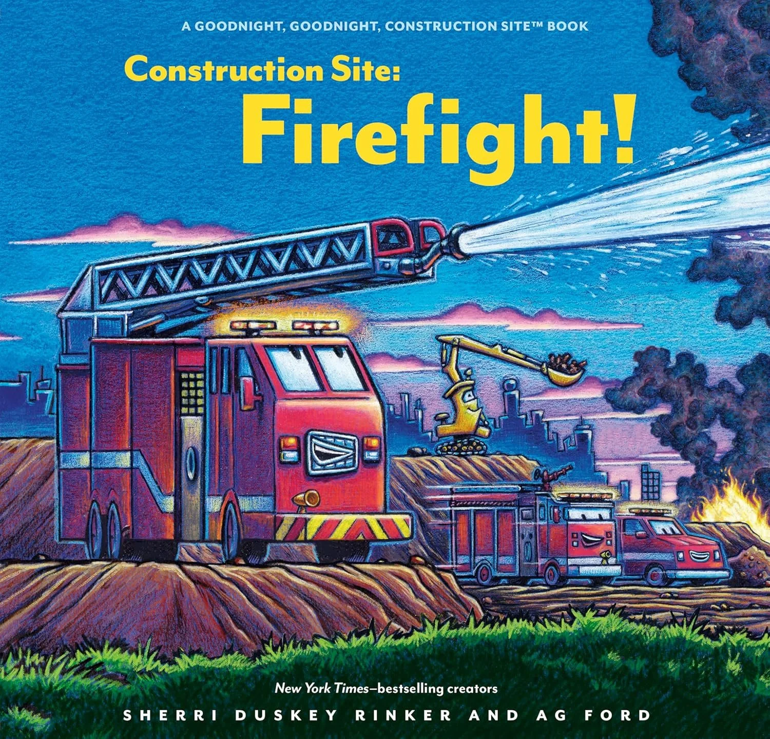 Cover of the book titled 'Construction Site: Firefight!' by Sherri Duskey Rinker.