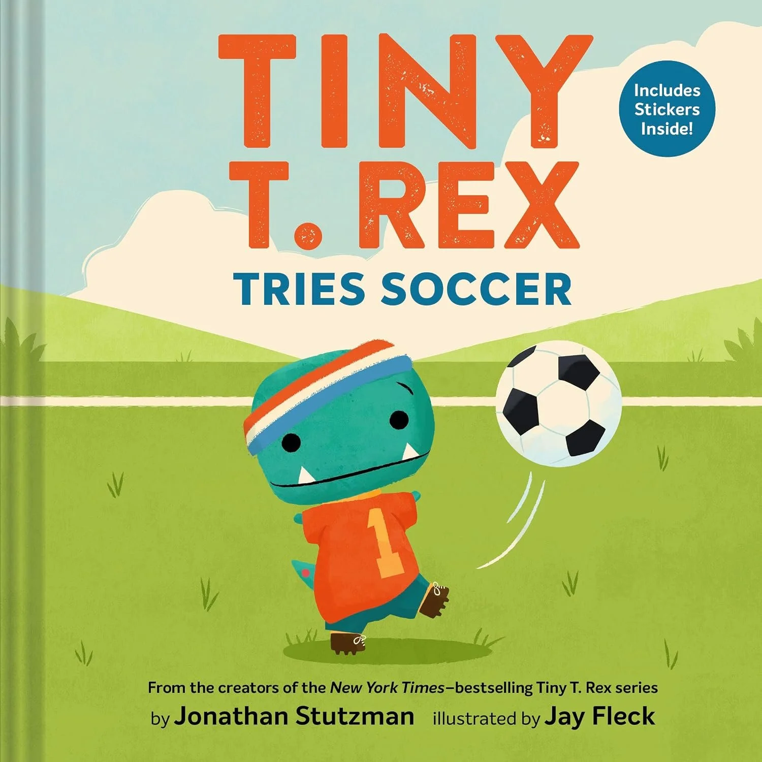 A children's book cover titled "Tiny T. Rex Tries Soccer" illustrated by Jonathan Stutzman.