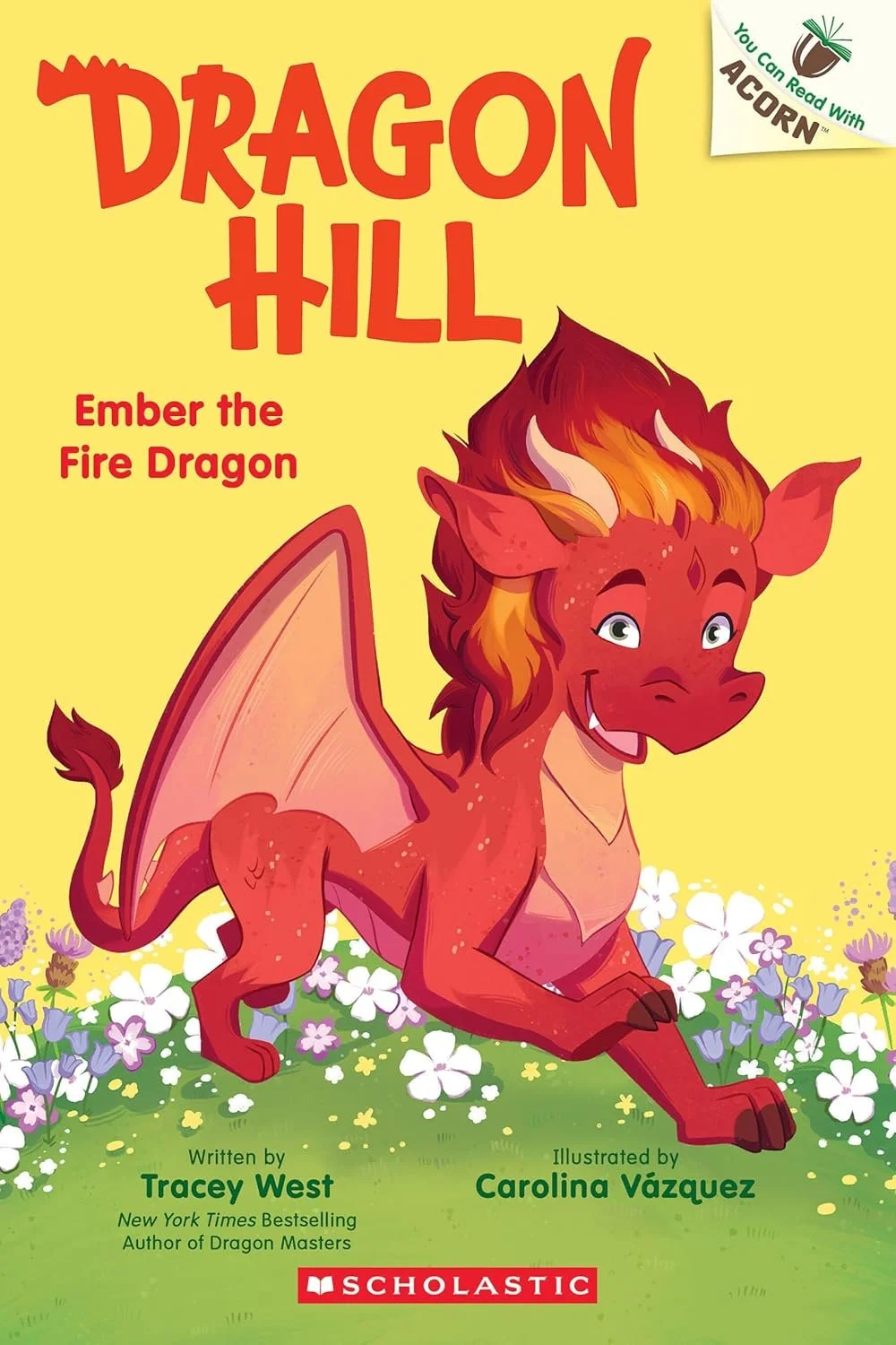 Cover of a children's book titled 'Dragon Hill: Ember the Fire Dragon' featuring a cartoon red dragon with orange and yellow hair, standing on a hill of grass with white and purple flowers.