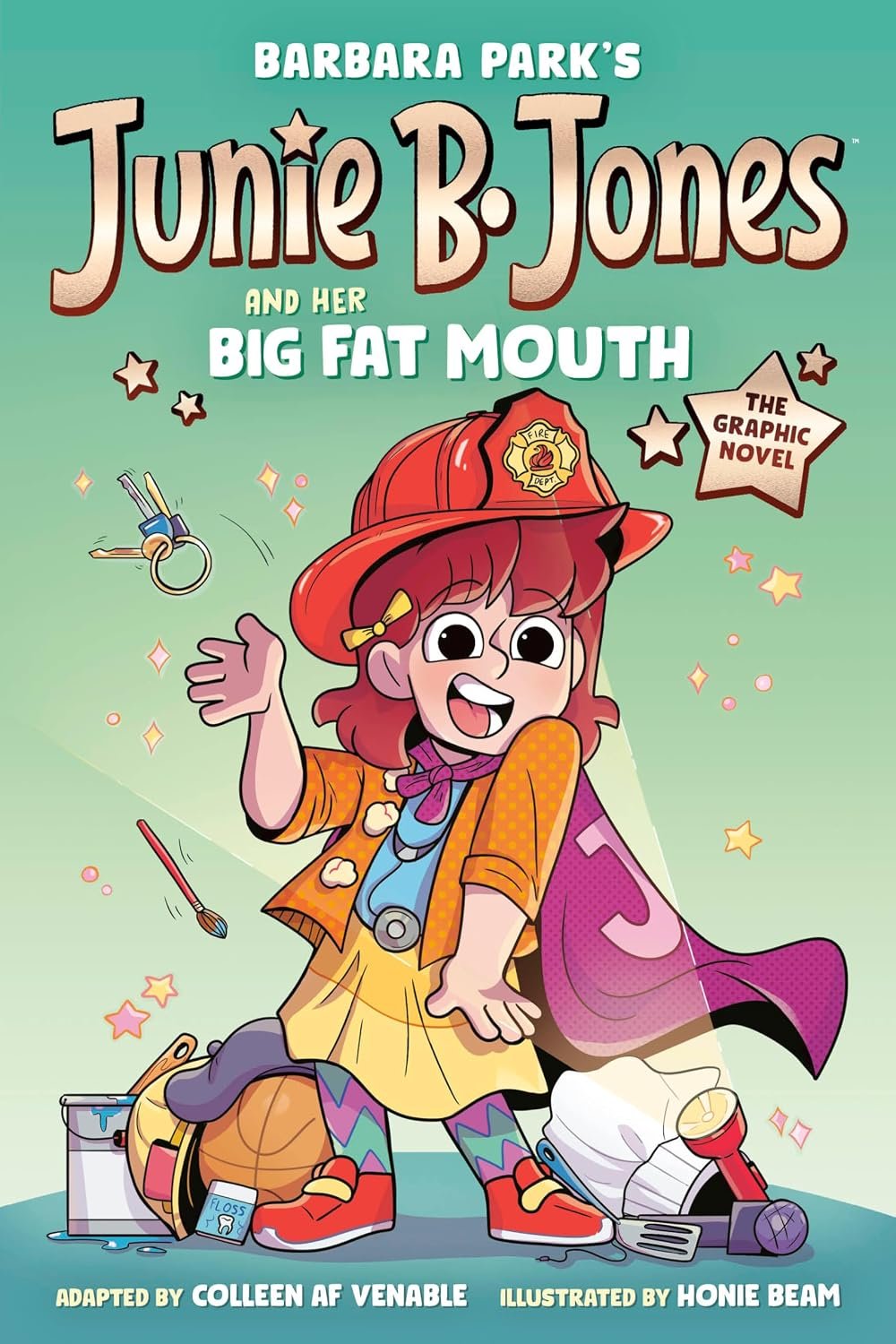 Book cover for "Barbara Park's Junie B. Jones and Her Big Fat Mouth." adapted by Colleen AF Venable and illustrated by Honie Beam.