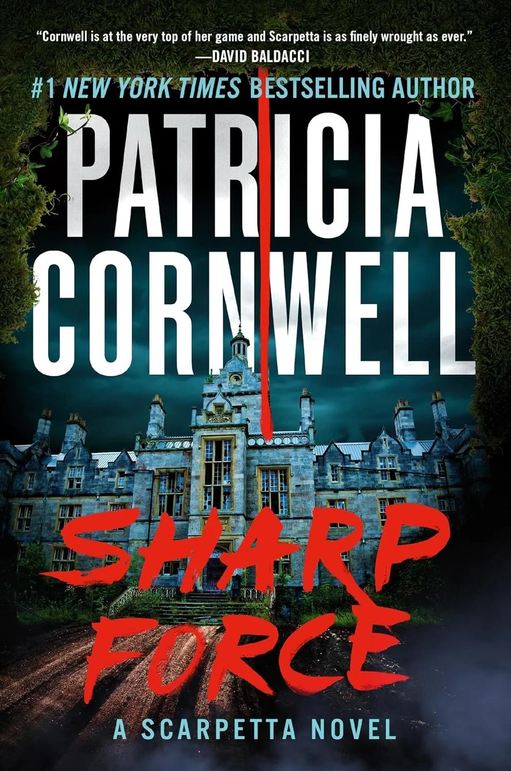 Book cover for 'Sharp Force' by Patricia Cornwell featuring a large old mansion and a dark, cloudy sky.