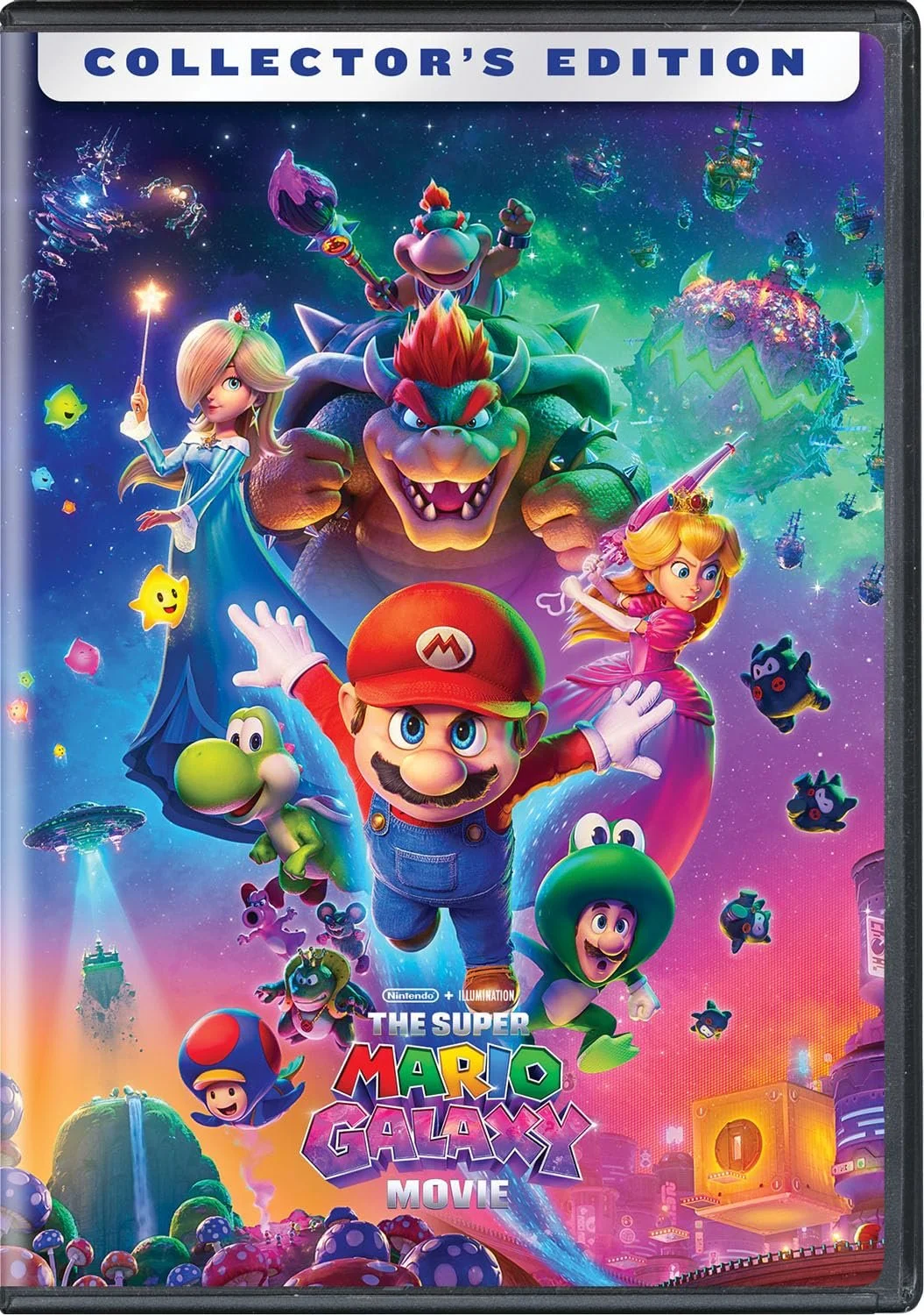Cover art for 'The Super Mario Galaxy Movie' Collector's Edition featuring Mario in red hat and blue overalls, princess Peach in pink dress, Toad, Yoshi, Bowser, Princess Peach, Luigi, and other characters flying through a colorful galaxy with planet