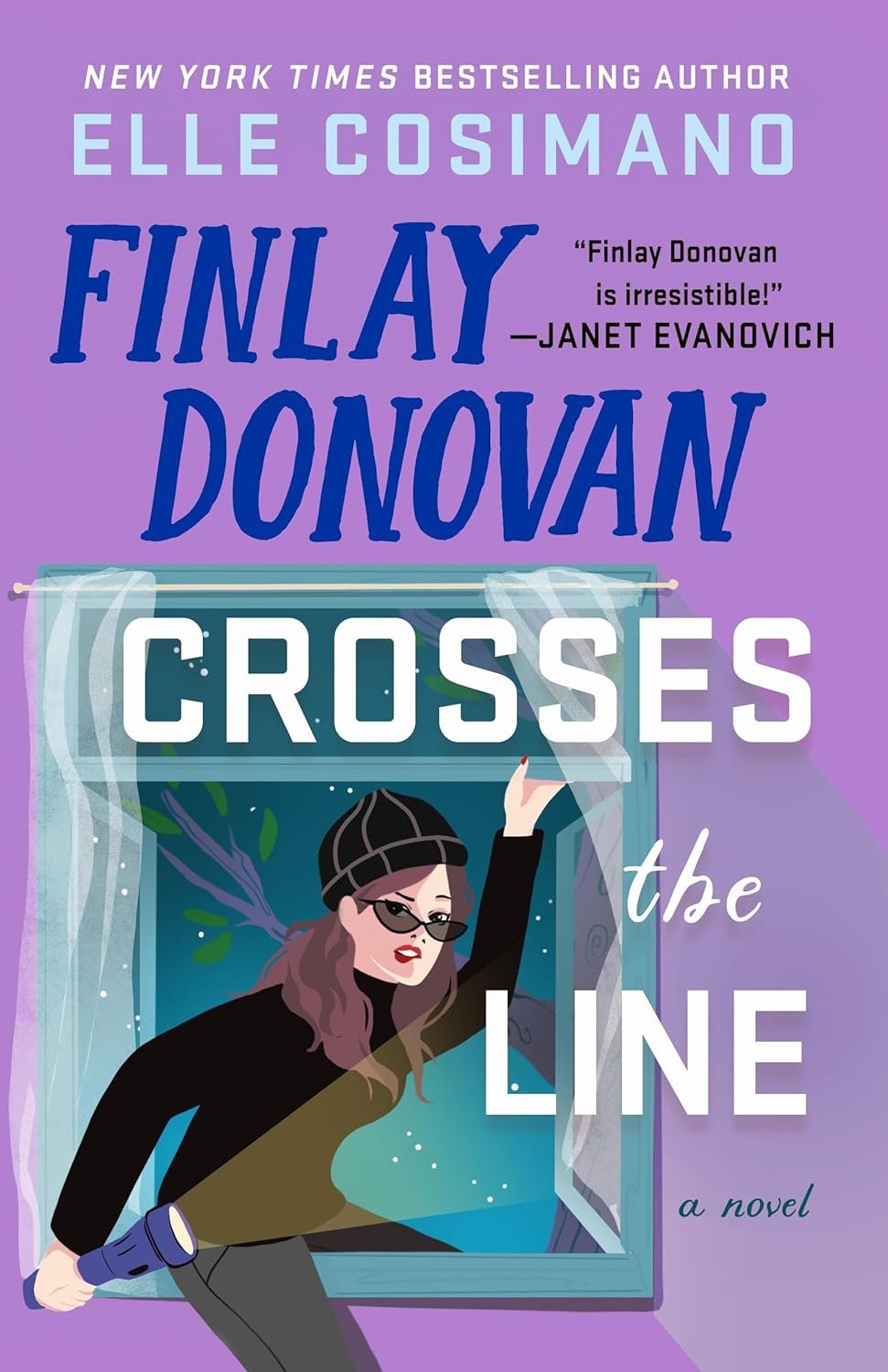 Book cover titled "Finlay Donovan Crosses the Line" by Elle Cosimano. 