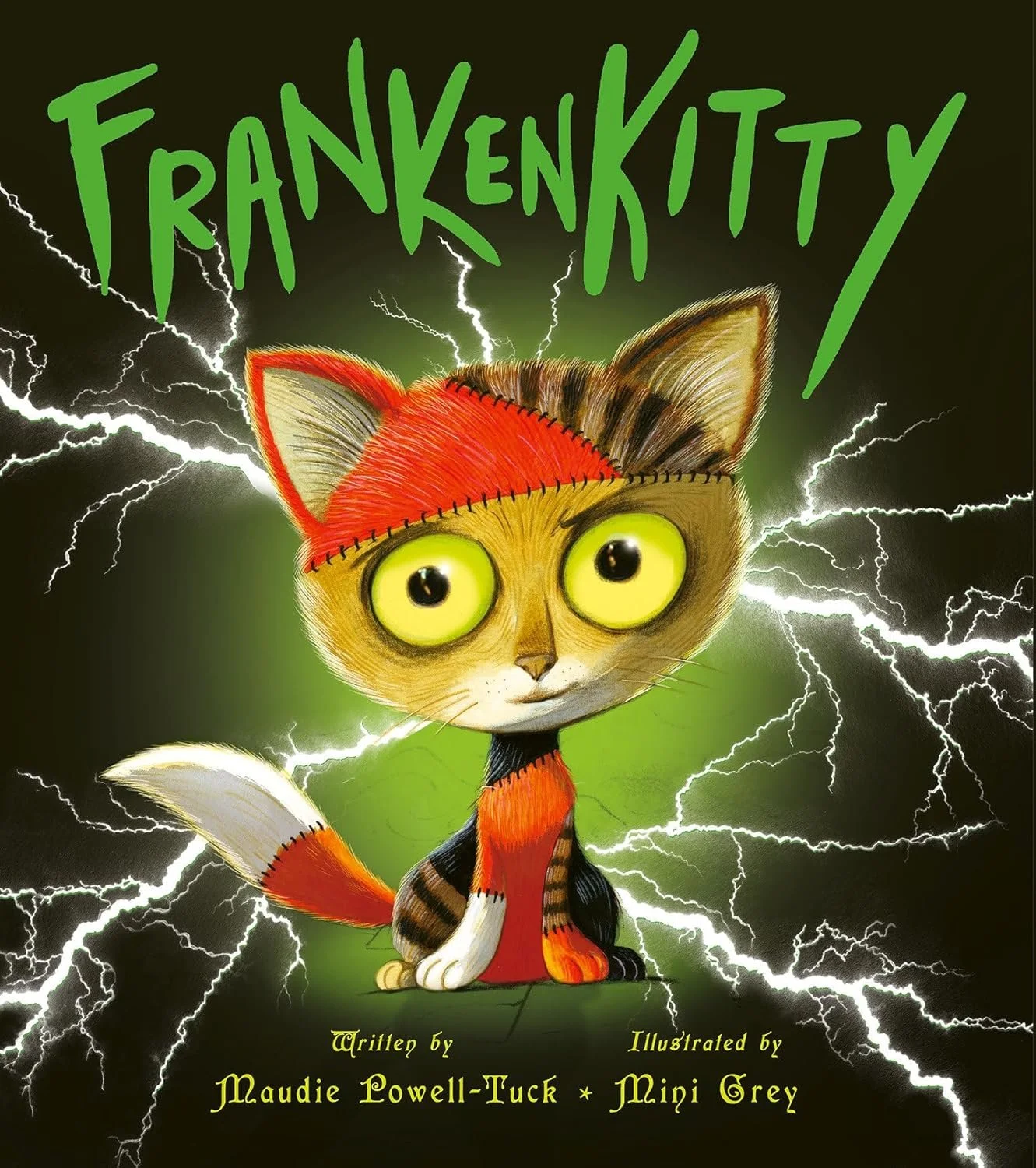 A cartoon cat with large yellow eyes, wearing a jagged red cap, standing against a green and black background with lightning. The title "FrankenKitty" is written at the top in green. Text at the bottom reads "Written by Maudie Powell-Tuck * Illustrat