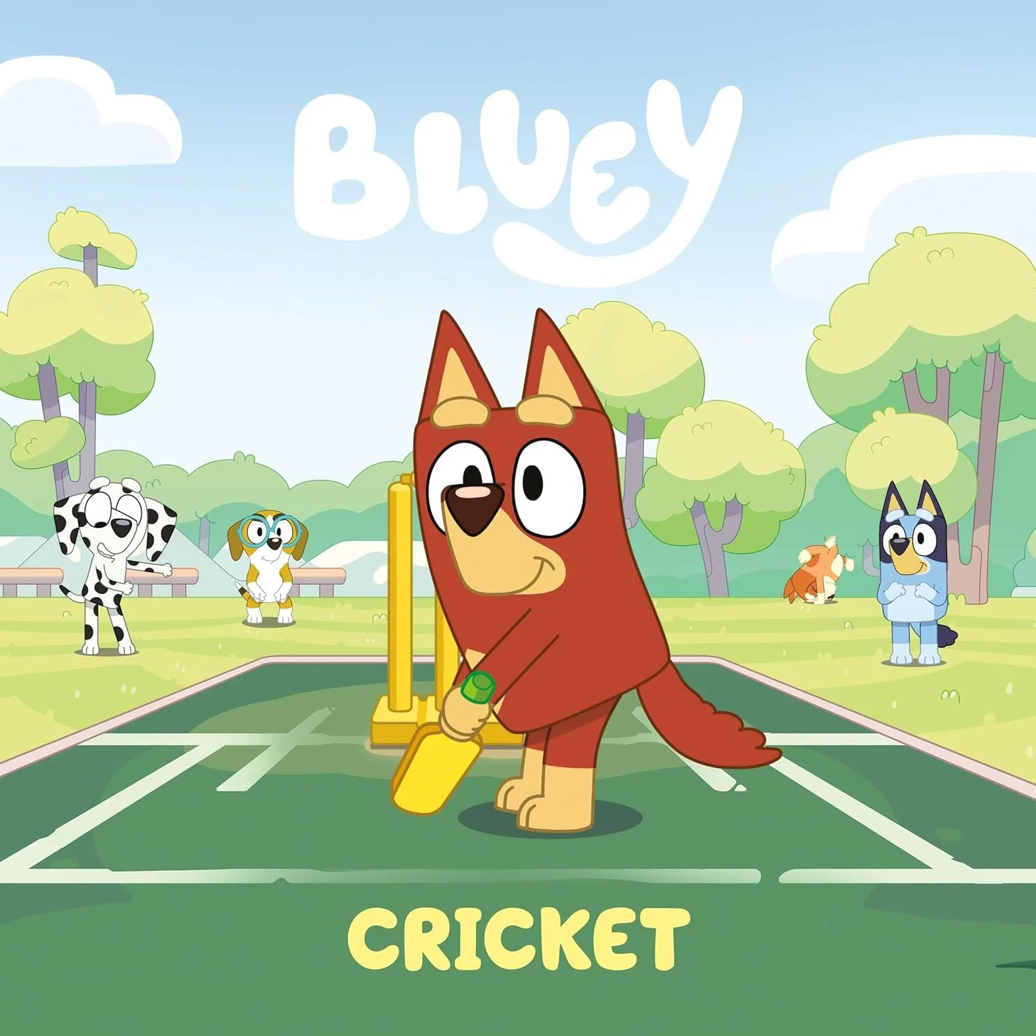 Animated outdoor field with cartoon animals playing cricket, prominent brown dog holding a cricket bat in the center, with trees and clouds in the background, and the text 'Bluey Cricket' at the top.