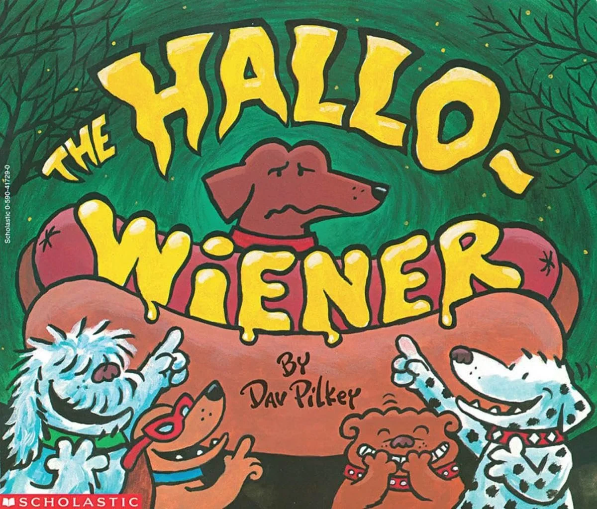Colorful illustration of a book cover titled 'The Hallow-Wiener', by Dav Pilkey.