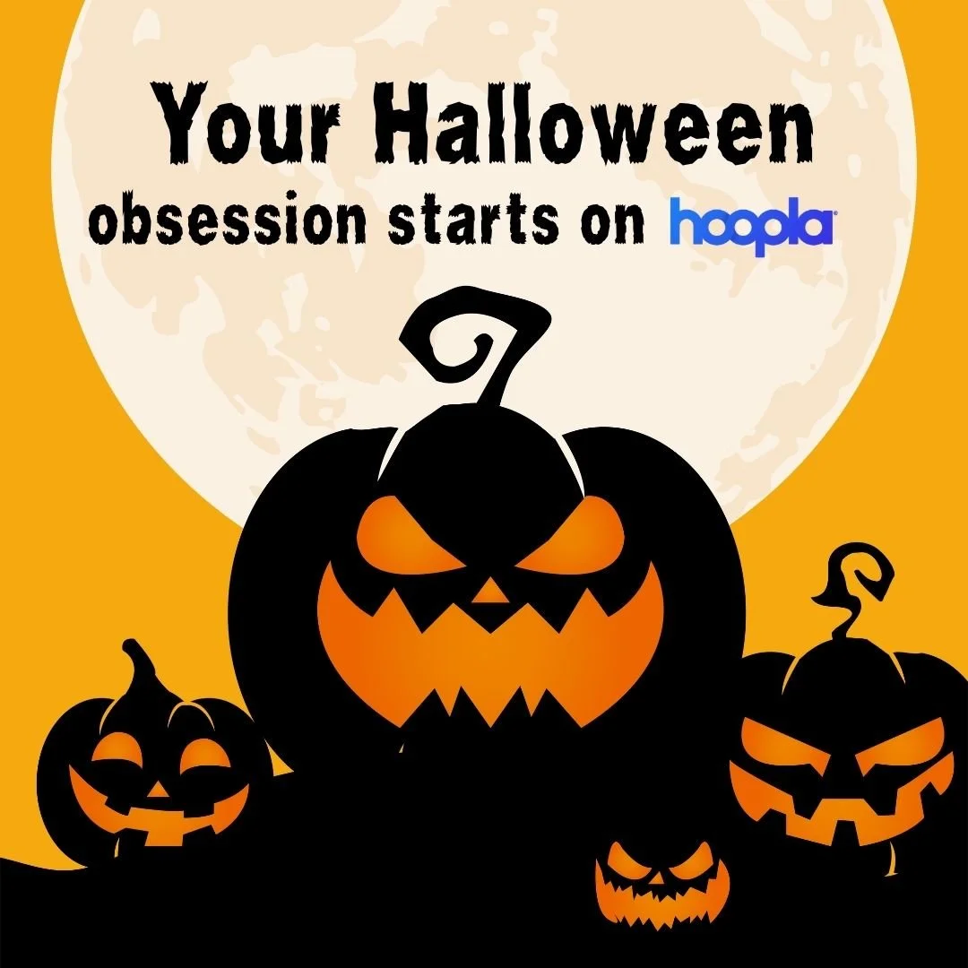 Graphic with a large moon and five ominous jack-o'-lanterns with carved faces advertising Halloween on hoopla.
