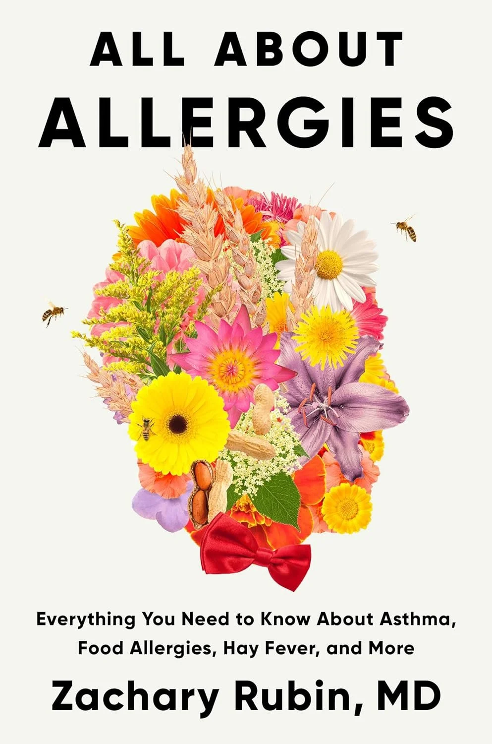 Book cover titled 'All About Allergies' with colorful flowers and bees, authored by Zachary Rubin, MD.