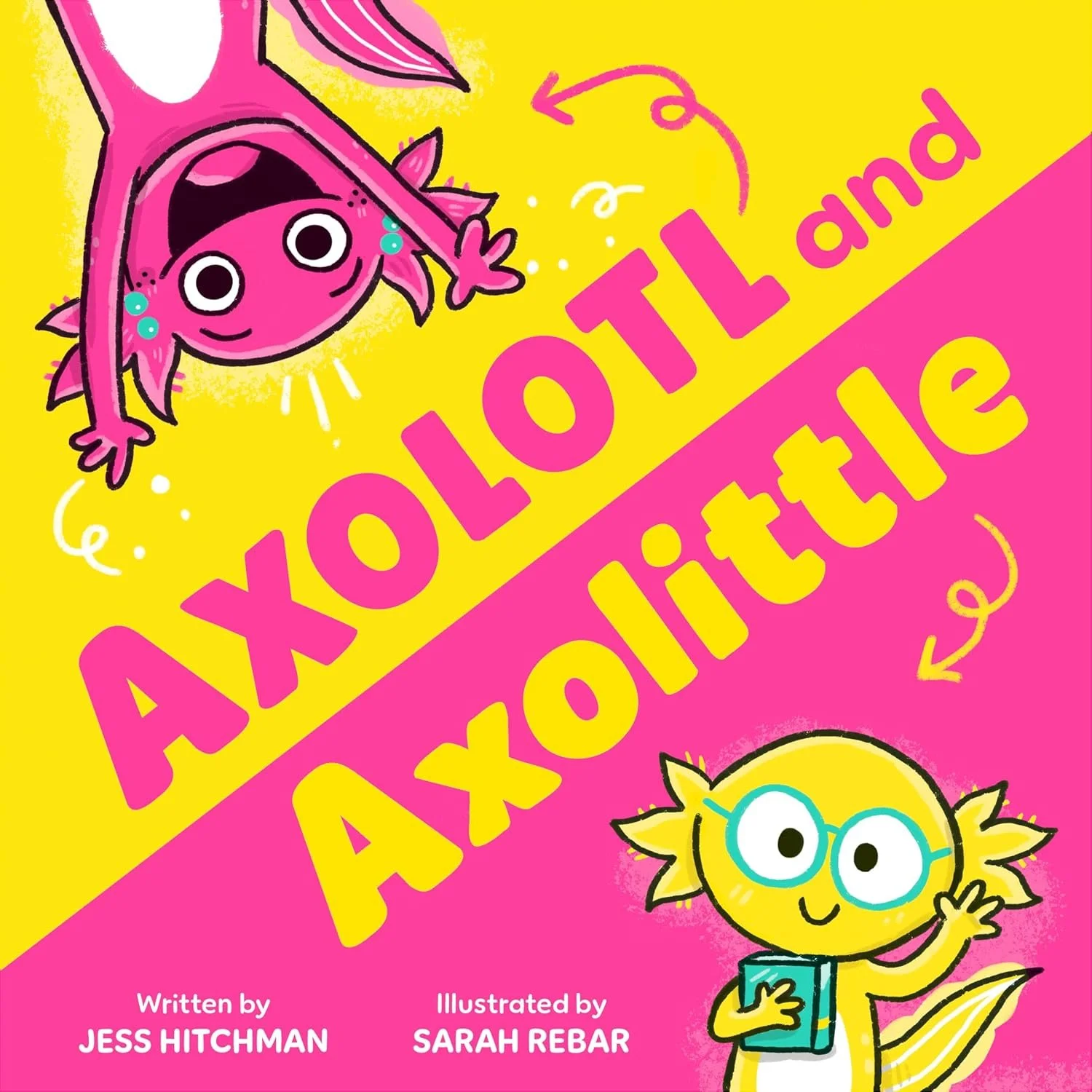 Colorful children's book cover titled "Axolotl and Axolittlie" with illustrations of an axolotl and a cute animal with glasses, set against a yellow and pink background.