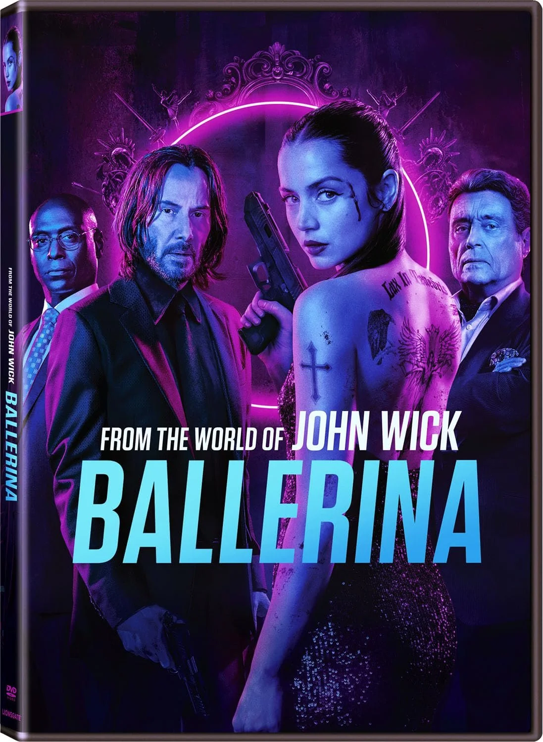 Movie poster for 'John Wick: Ballerina,' featuring four characters in dark, neon-lit scenes, with the central female character holding a gun, and the title prominently displayed in large blue letters.