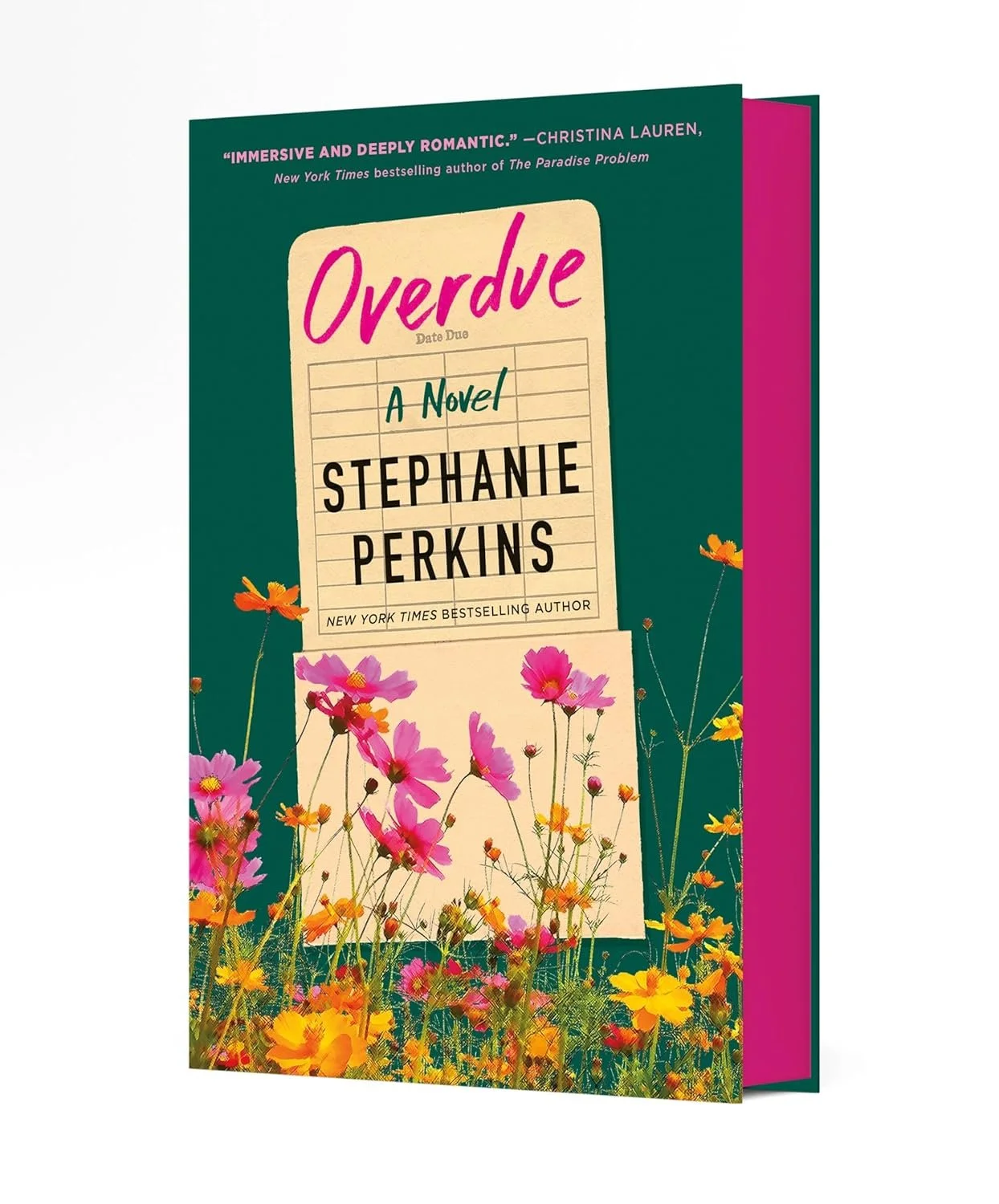 Book cover for 'Overdue' by Stephanie Perkins featuring a flower garden and a letter note on a teal background