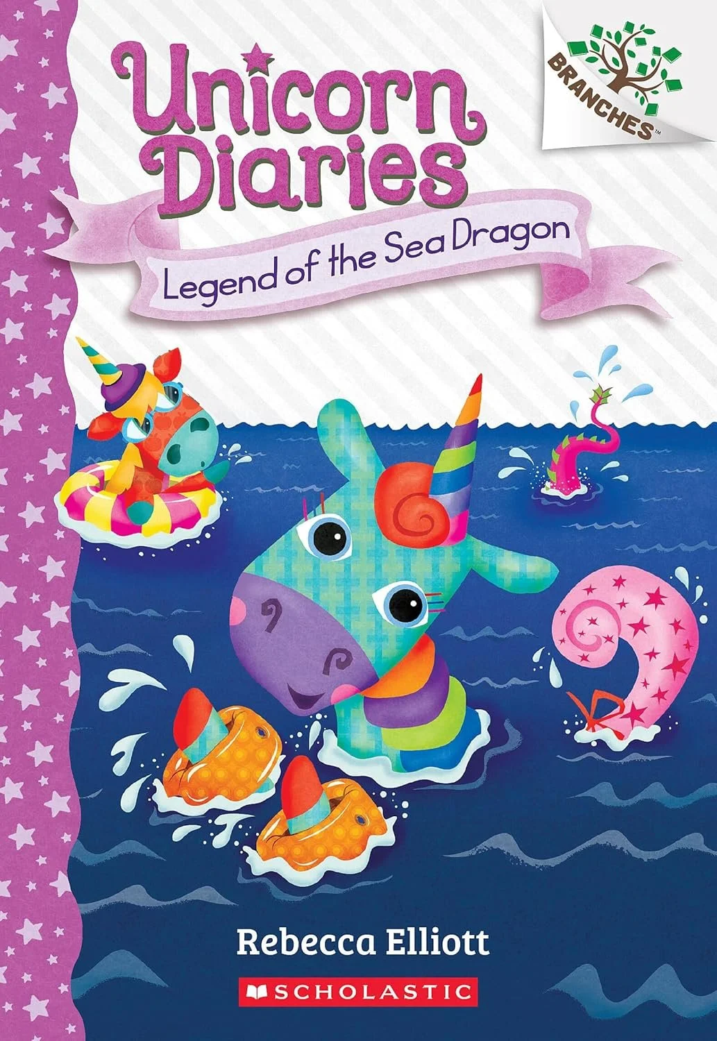 Colorful illustrated book cover of 'Unicorn Diaries: Legend of the Sea Dragon' by Rebecca Elliott.