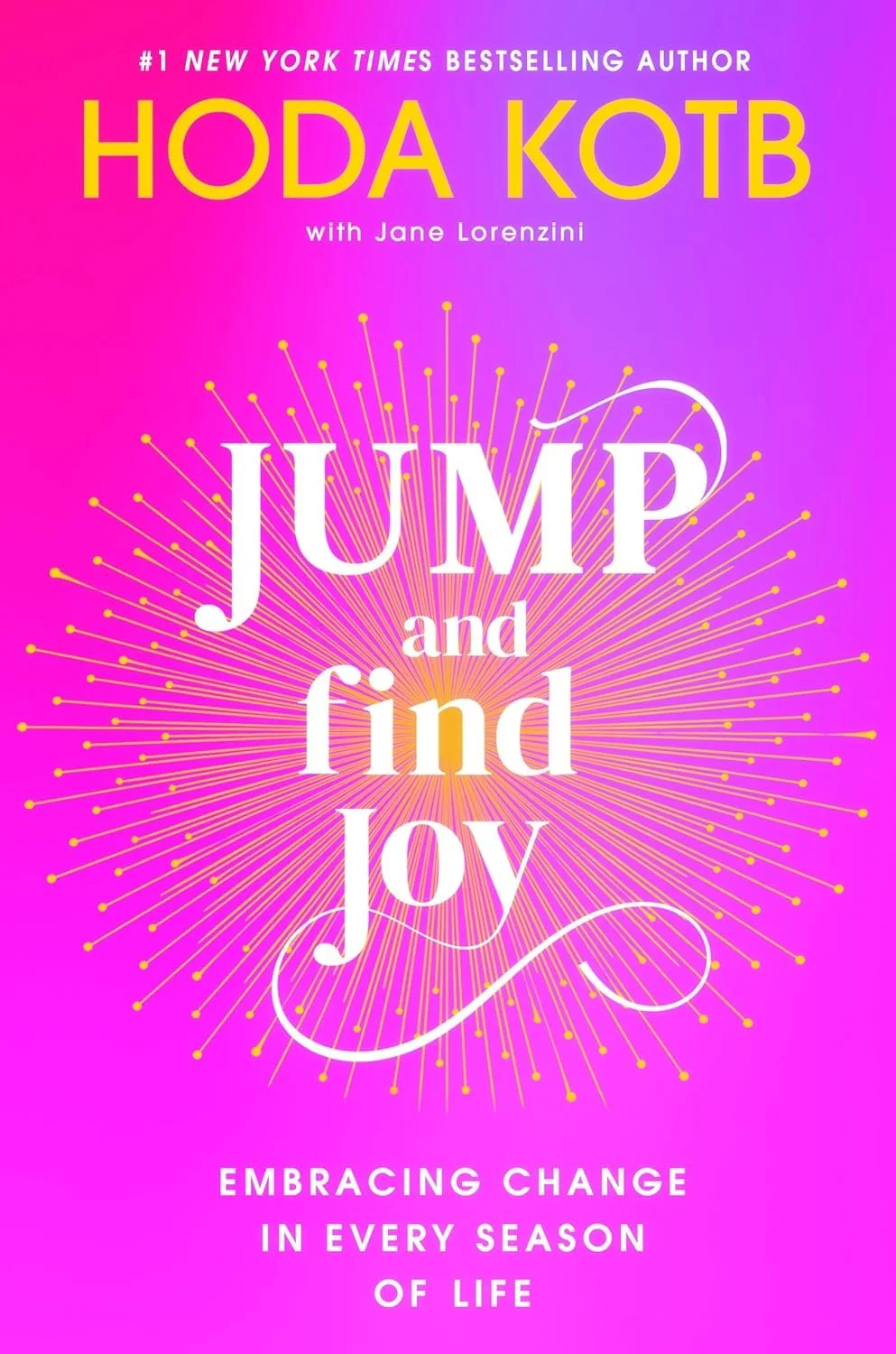 Book cover titled 'Jump and Find Joy' by Hoda Kotb with Jane Lorenzini. Background is pink and purple with a yellow burst pattern behind the title. Subtitle reads 'Embracing Change in Every Season of Life'.