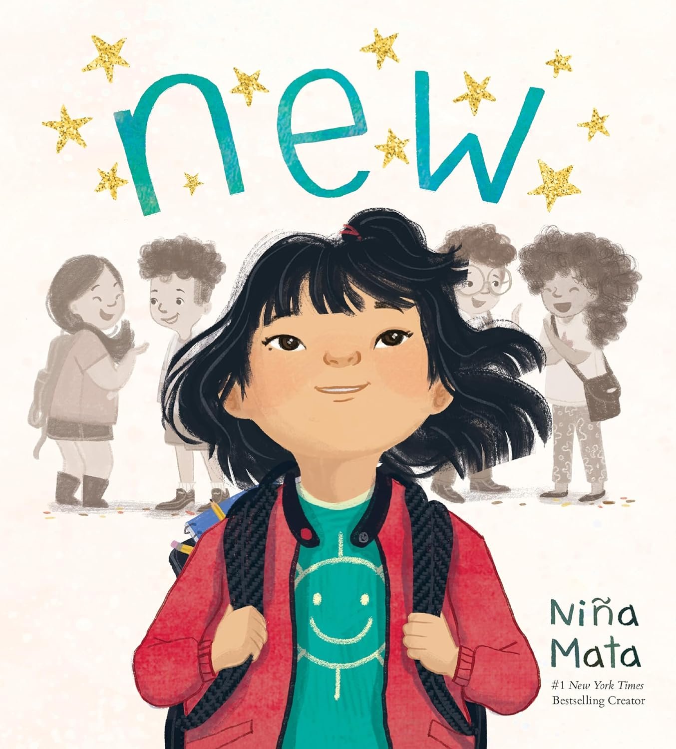 Illustration of a confident young girl with dark hair wearing a red jacket and backpack, smiling against a backdrop of grayscale children. The word "new" is written above her with stars. Created by Niña Mata.