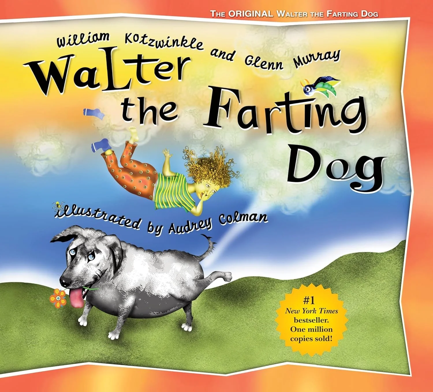 Book cover titled 'Walter the Farting Dog' illustrated with a young boy with curly hair and a dog with a big belly, both depicted as farting. The background is colorful with the author's names William Kotzwinkle and Glenn Murray. A yellow badge state