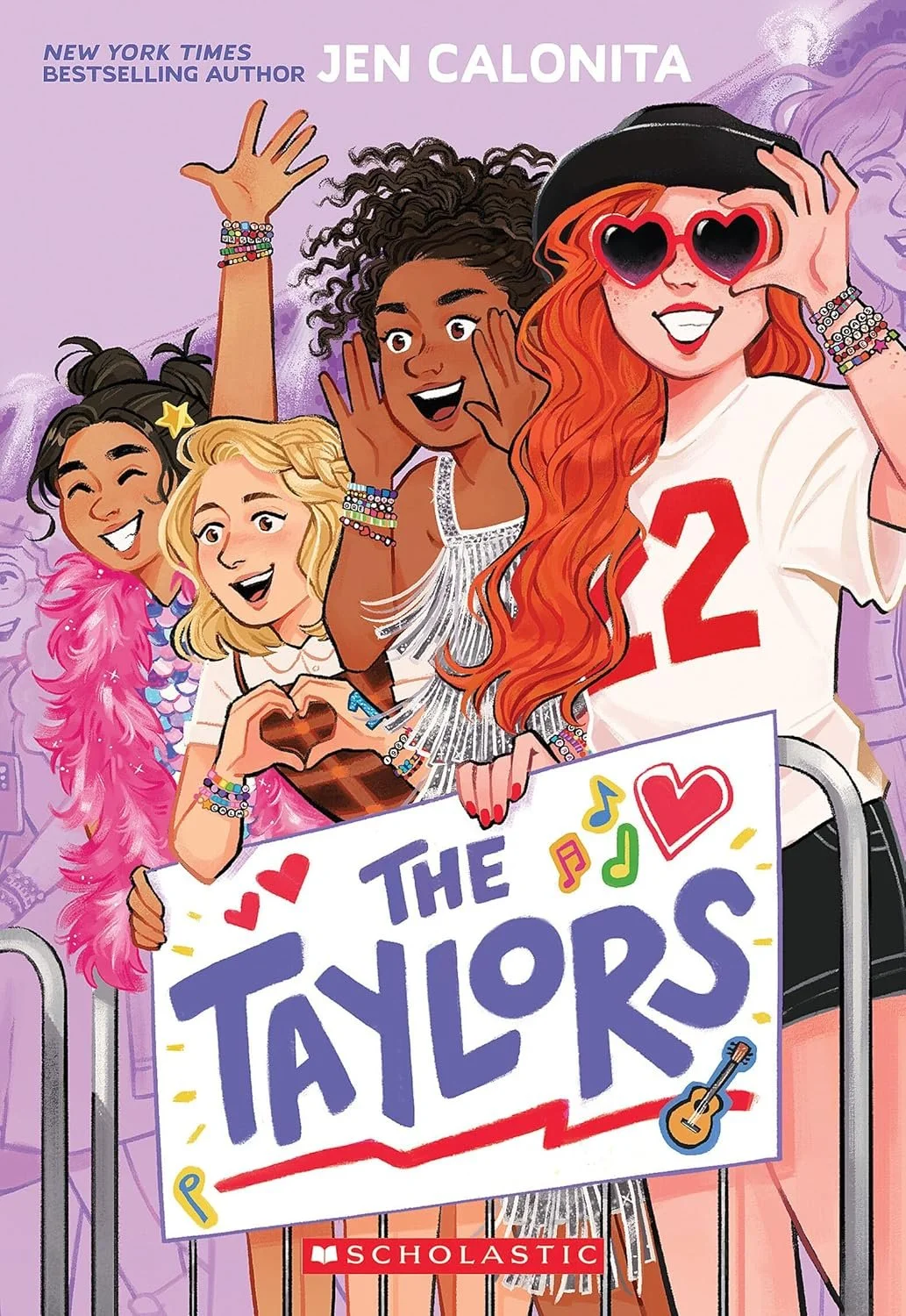 Book cover illustration for 'The Taylors' by Jen Calonita, featuring four diverse young girls in colorful clothing, holding a sign that says 'The Taylors,' with music notes, hearts, and a guitar drawn on it. The background is light purple, and the pu