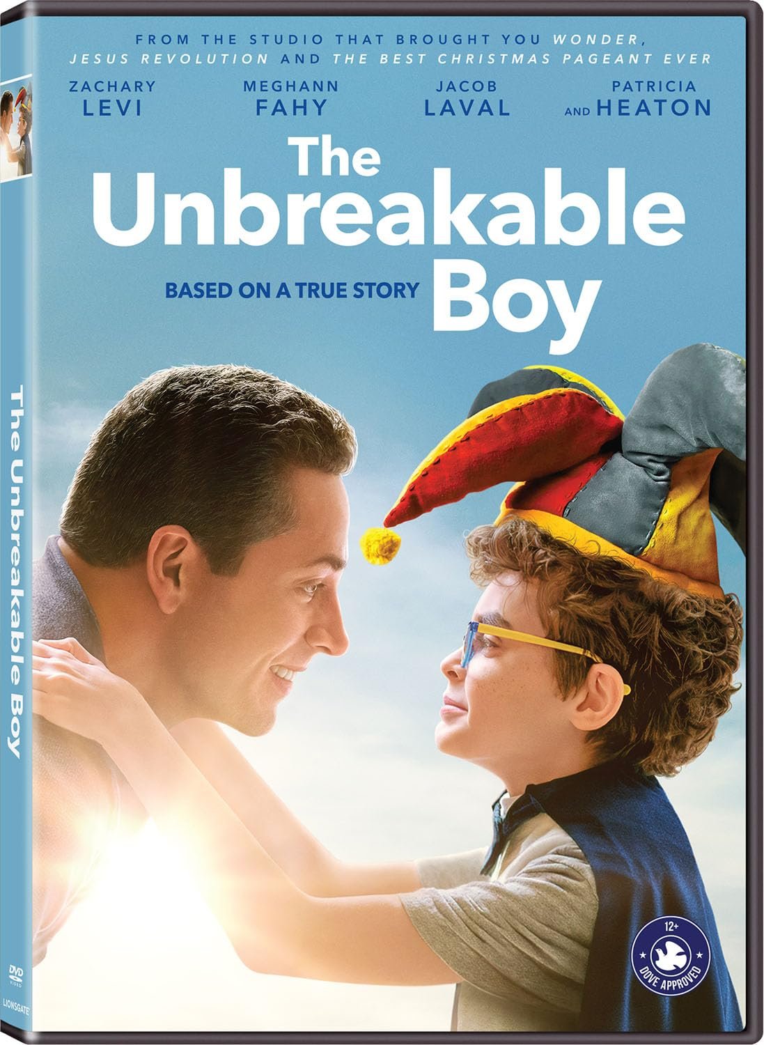 DVD cover of "The Unbreakable Boy" featuring a man and a boy with a jester hat touching foreheads, set against a blue sky background.