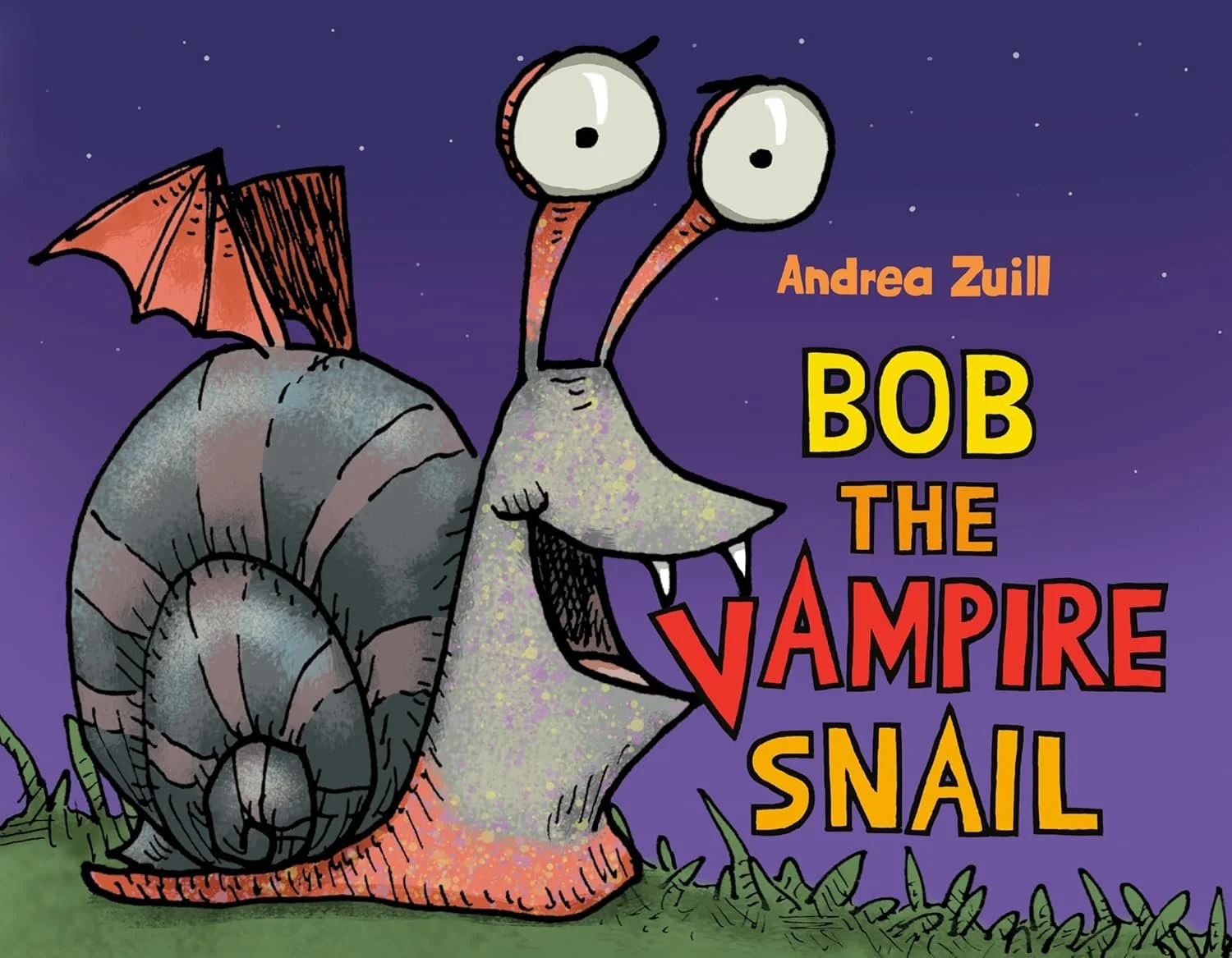 Illustration of Bob the vampire snail with a shell, large eyes, and bat-like wings, set against a night sky with stars, for the children's book "Bob the Vampire Snail" by Andrea Zuill.