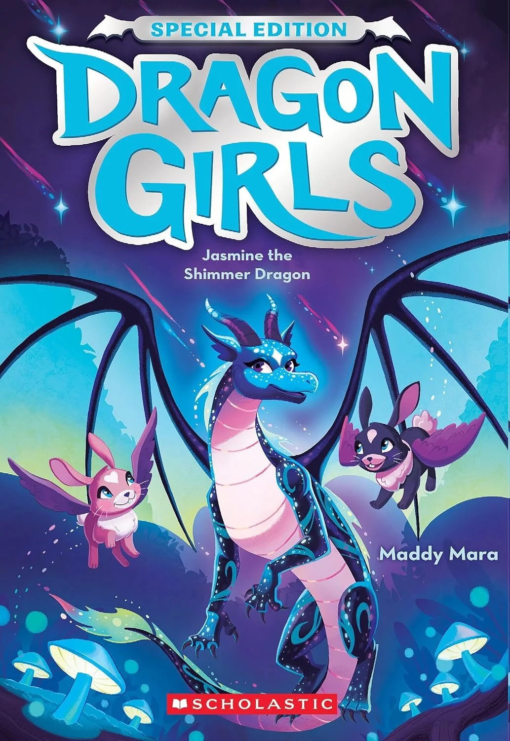 Book cover of 'Dragon Girls: Jasmine the Shimmer Dragon' by Maddy Mara.