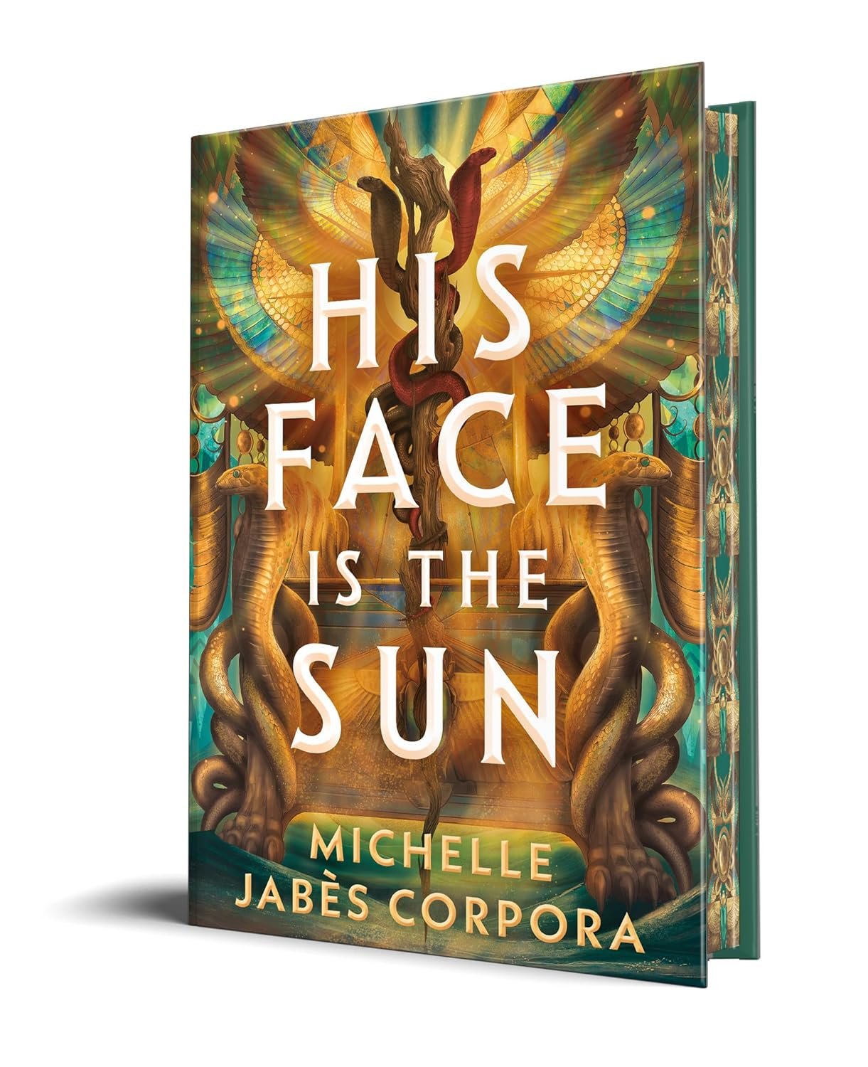 Book cover of "His Face Is The Sun" by Michelle Jabès Corpora featuring a fantasy design with winged creatures.