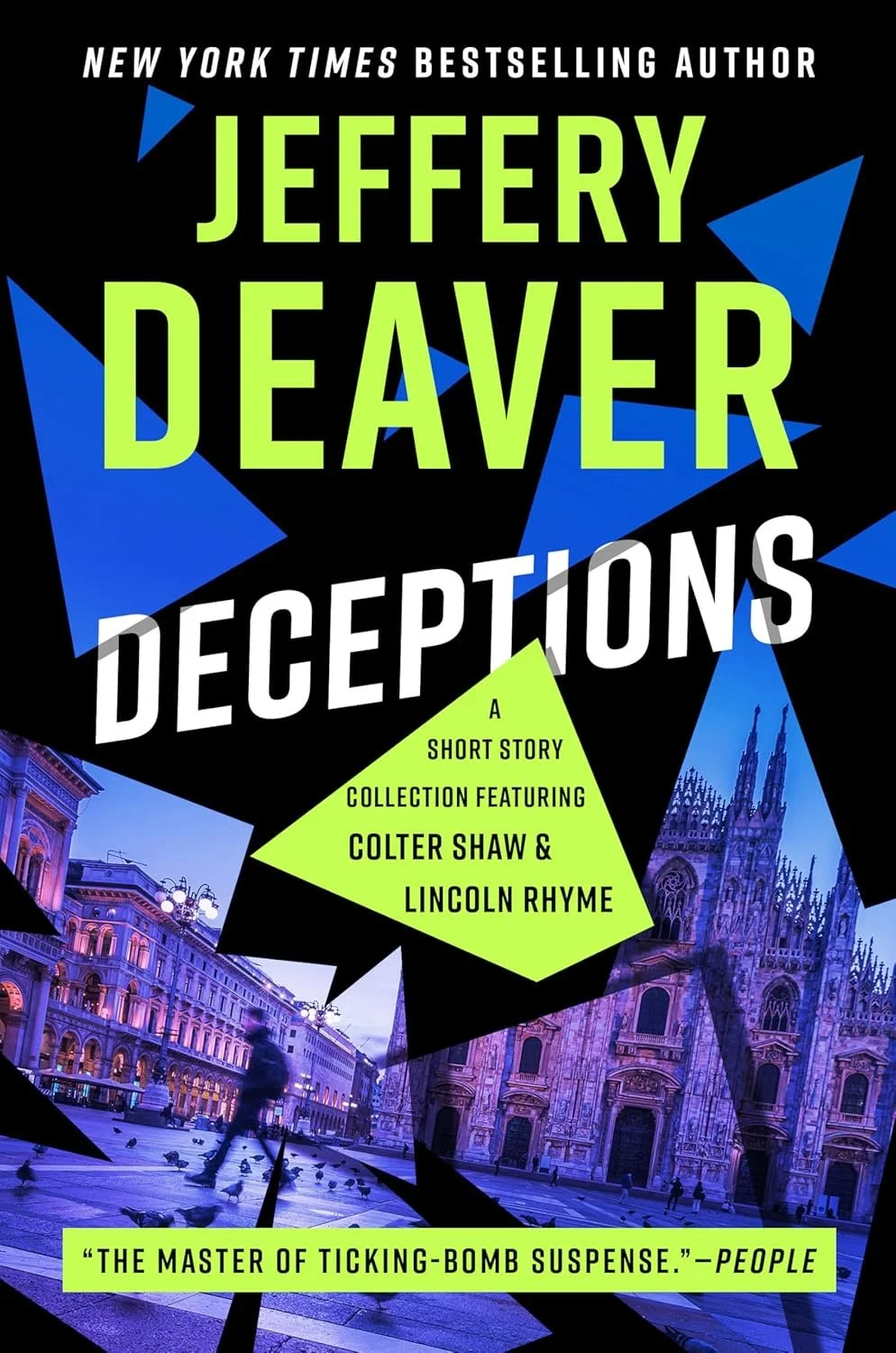 Book cover for "Deceptions" by Jeffery Deaver, titled "A Short Story Collection" featuring Colter Shaw & Lincoln Rhyme.