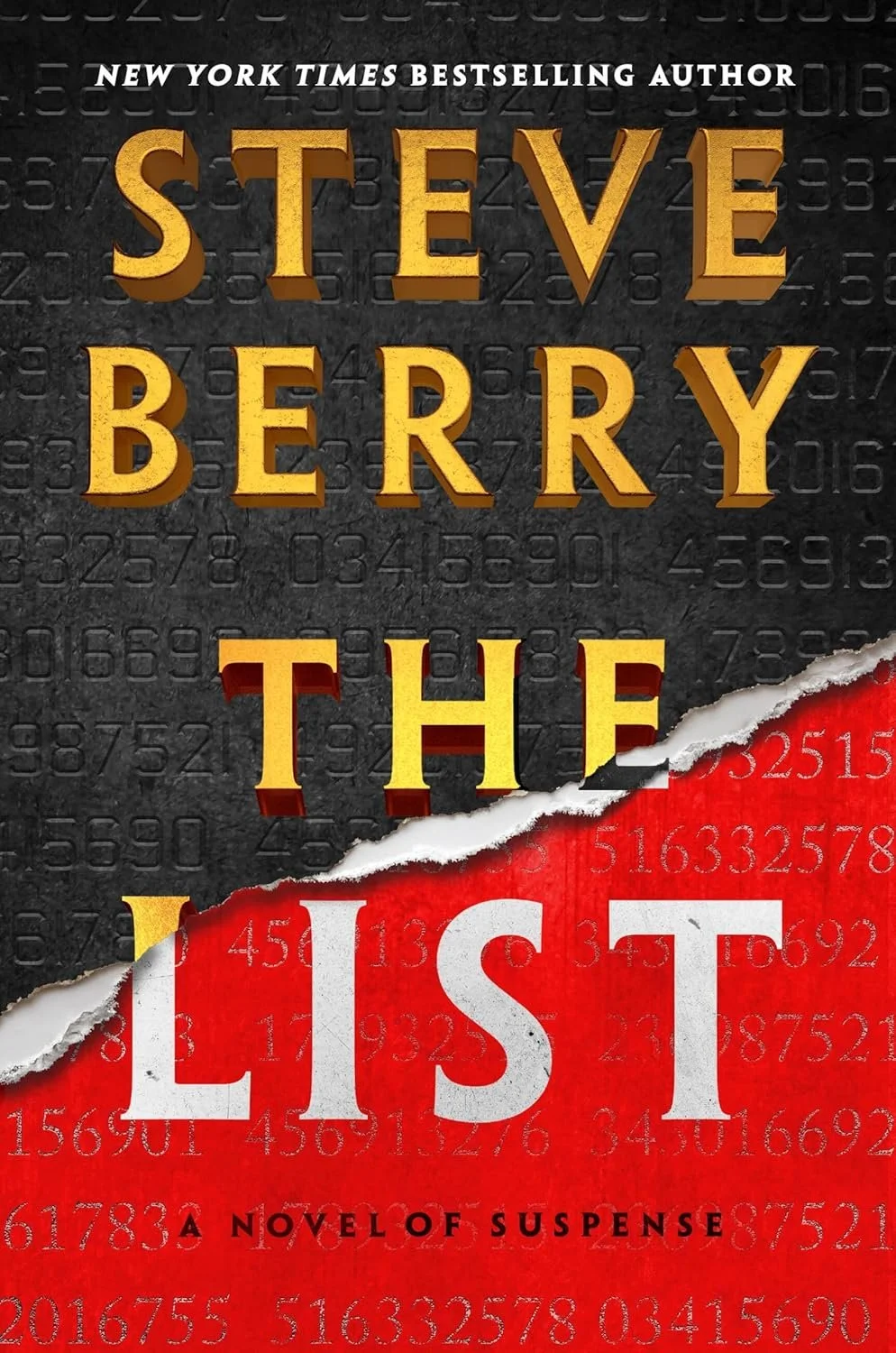 Book cover for 'The List' by Steve Berry, with torn paper effect revealing red background and white title text, and a background filled with numbers.