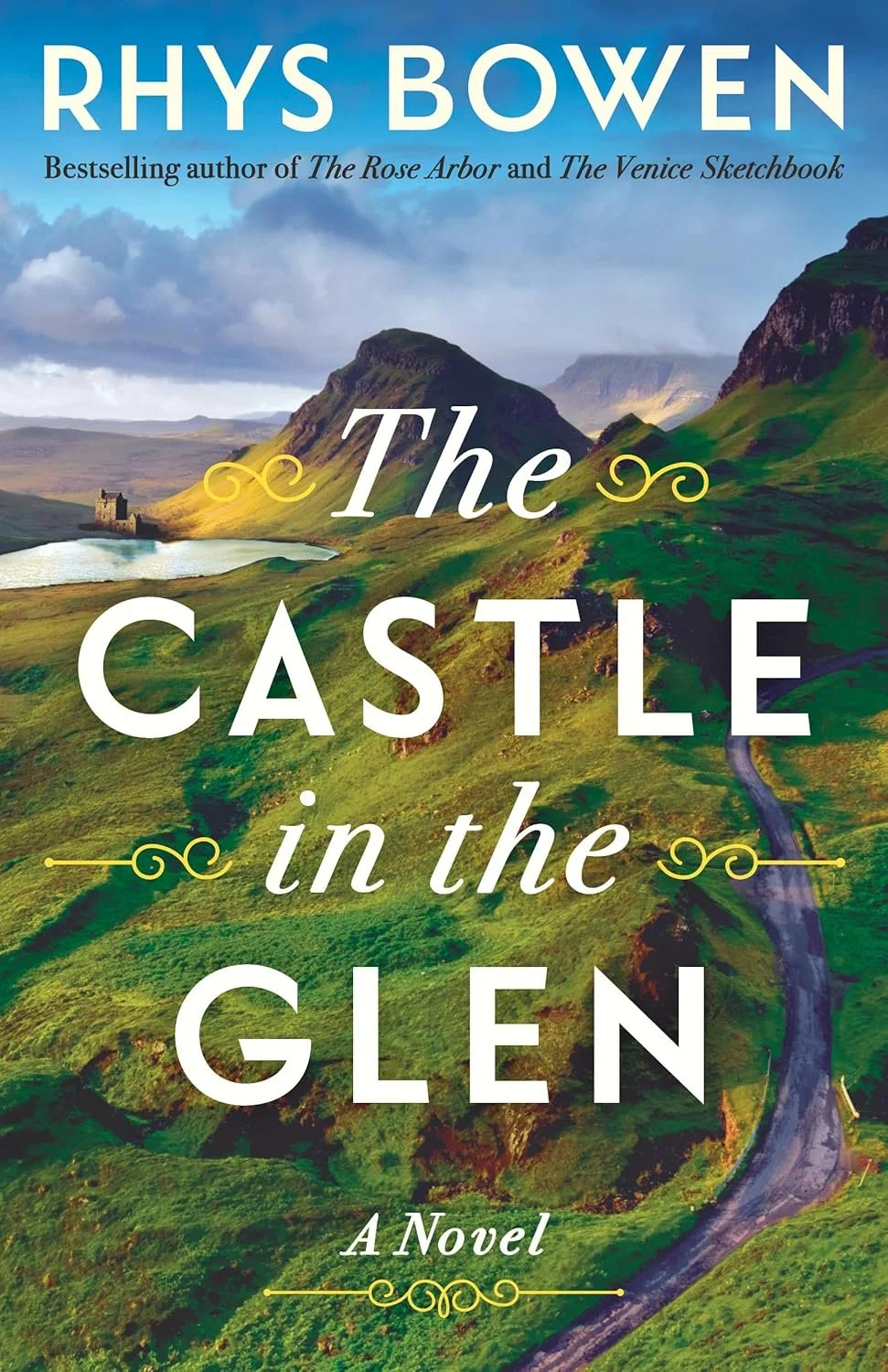 A book cover titled "The Castle in the Glen" by Rhys Bowen. 