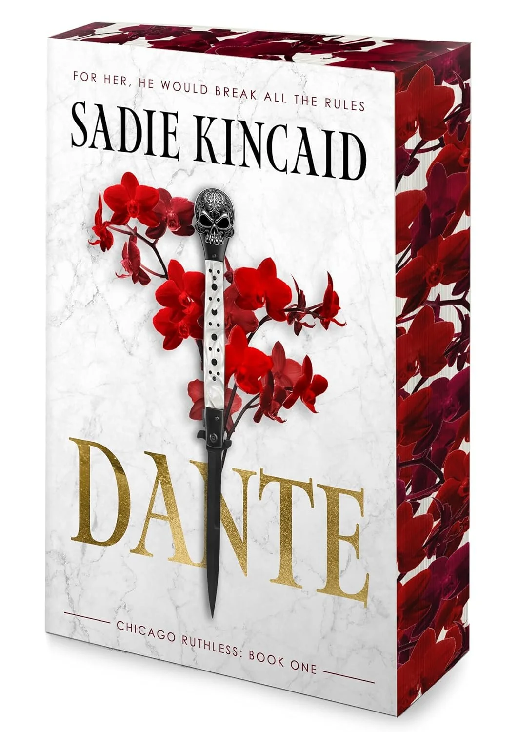 Book cover of 'Dante' by Sadie Kincaide. The cover features a dagger with a skull handle and red flowers, set against a white marble background.