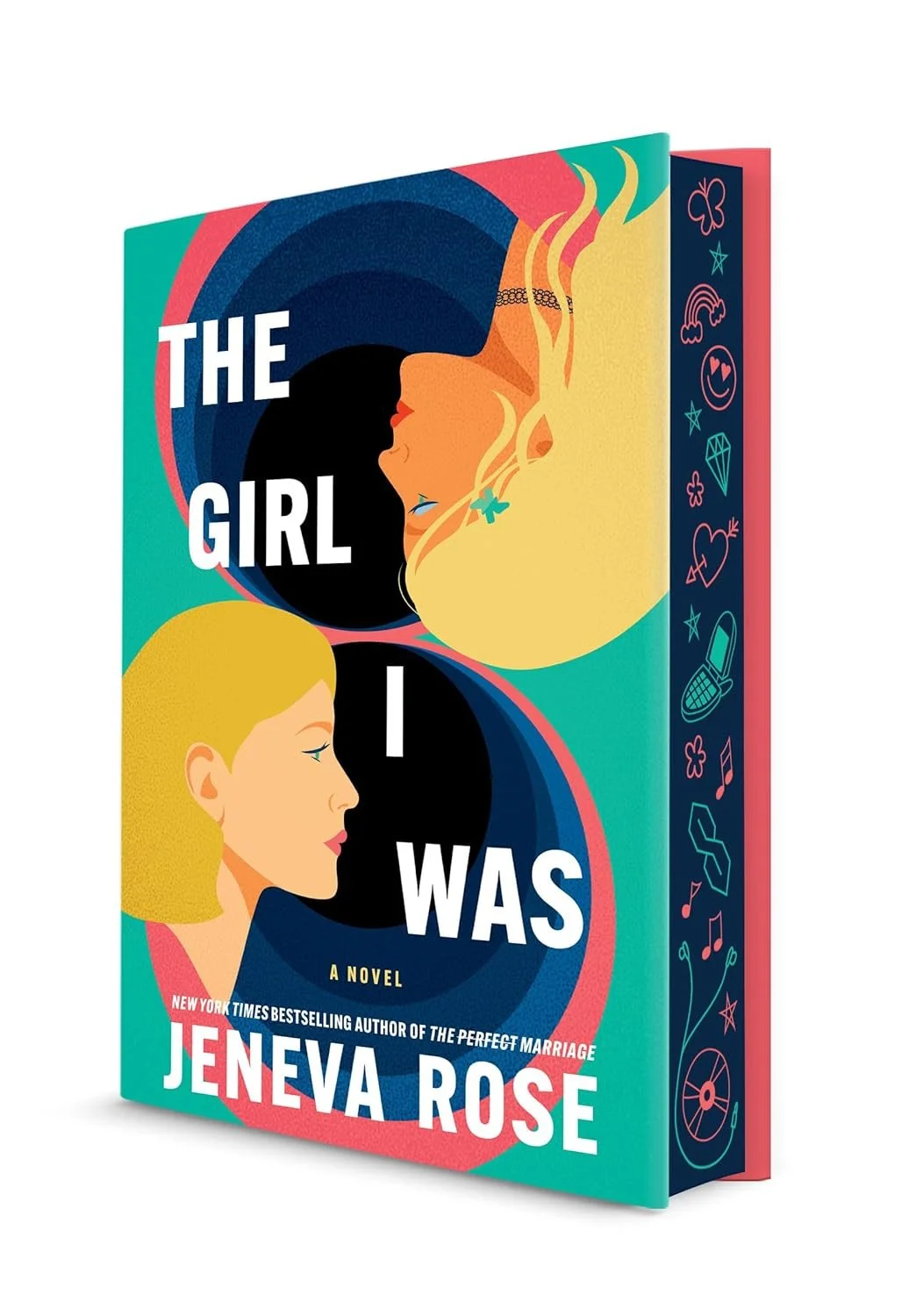 Book cover of 'The Girl I Was' by Geneva Rose featuring colorful illustrations of two girls' faces in profile, one with black hair and the other with blonde hair, facing each other