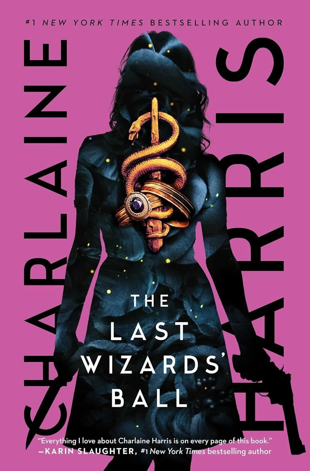Book cover of 'The Last Wizards' Ball' featuring a woman with her face covered, a snake wrapped around her neck, and jewelry on her chest, against a purple background.