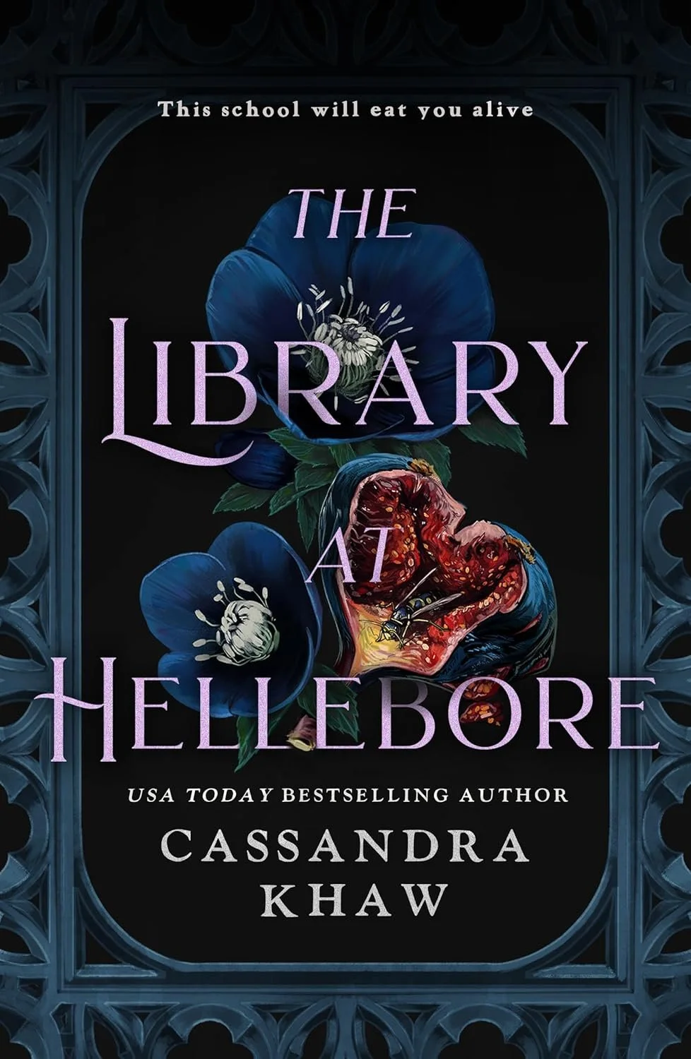 Book cover for 'The Library at Hellebore' by Cassandra Khaw featuring dark blue flowers and a detailed, realistic heart on a black background, framed with intricate blue decorative borders.