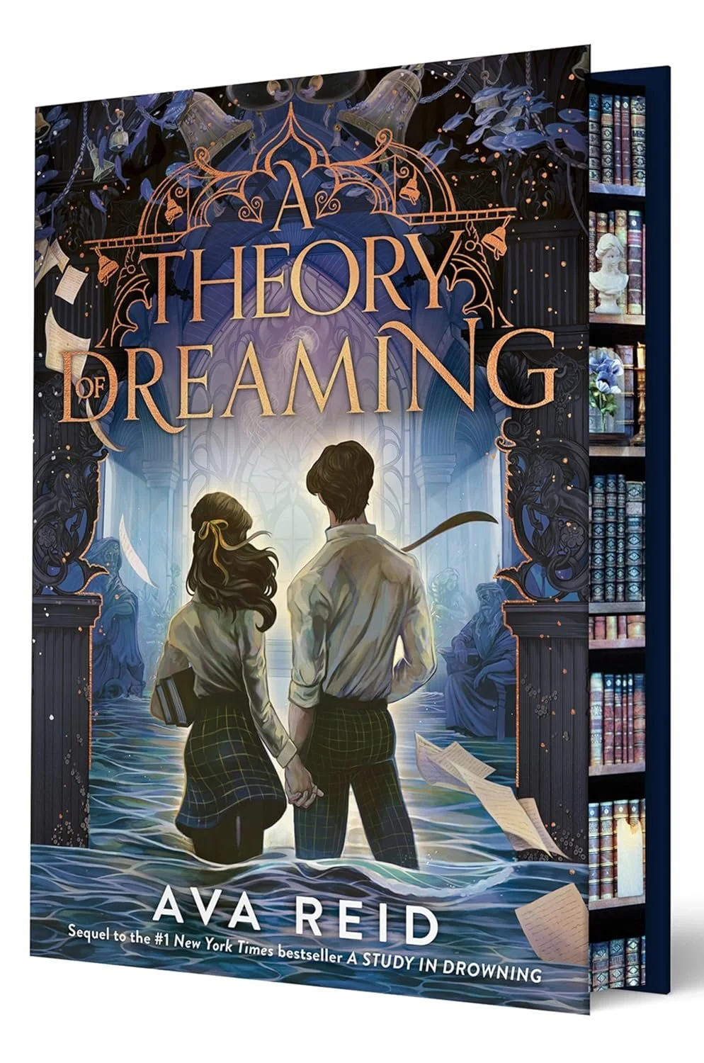 Book cover of 'A Theory of Dreaming' by Ava Reid. Illustration of a young man and woman standing in water inside a grand library with bookshelves, statues, and a large arched window in the background.