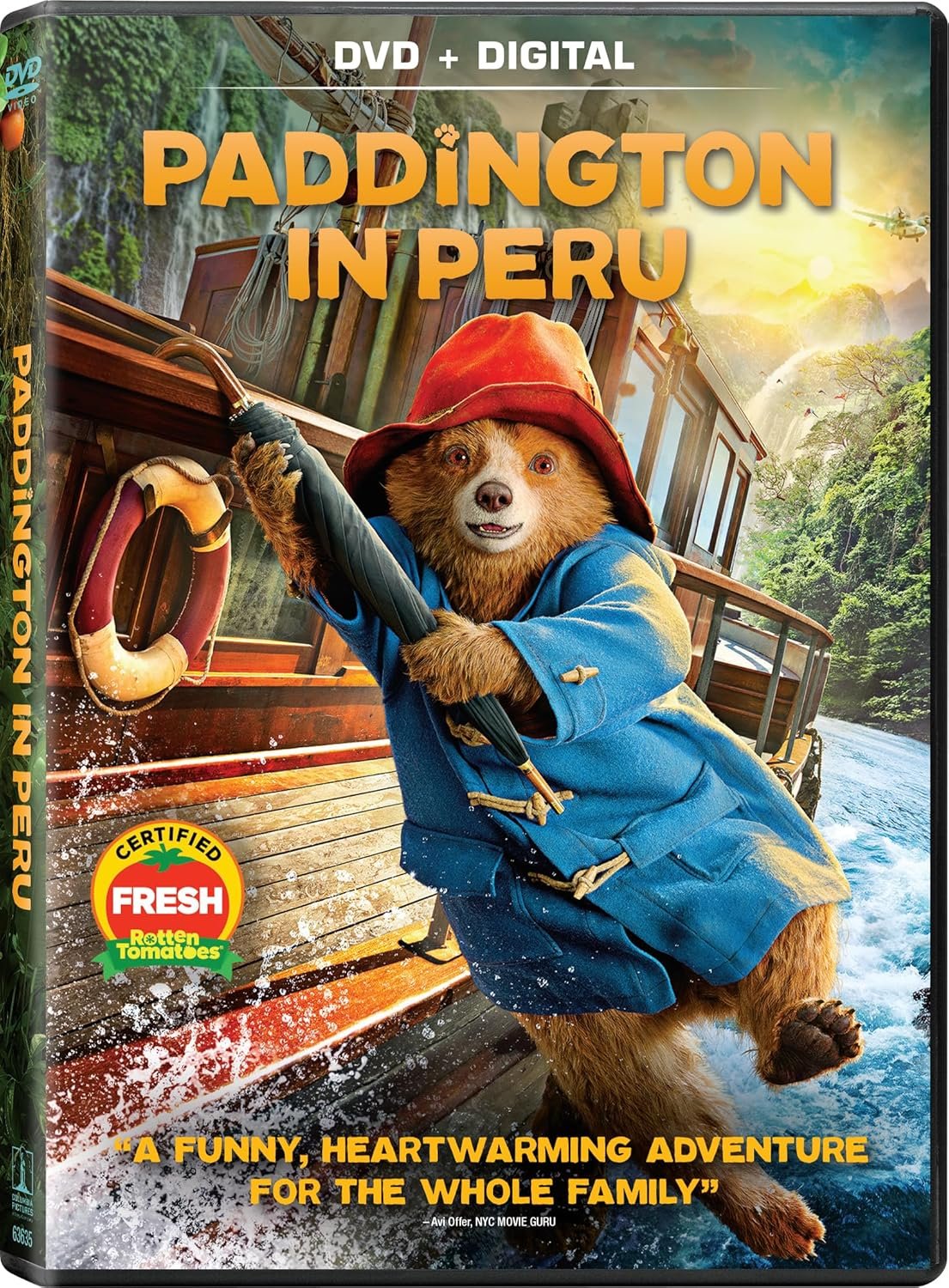 DVD cover of 'Paddington in Peru' featuring a bear in a blue coat and red hat on a boat, with jungle scenery and a waterfall in the background.