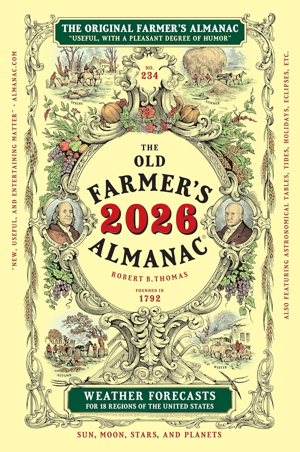 Cover of the 2026 Farmer's Almanac with illustrations of seasons, farming scenes, and portraits of Benjamin Franklin and Robert B. Thomas, featuring vegetables, weather symbols, and decorative borders.