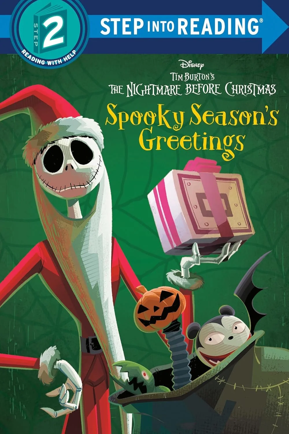 Cover of a children's book titled 'Spooky Season's Greetings' from Disney's 'Tim Burton's The Nightmare Before Christmas.' Step 2 Reader.