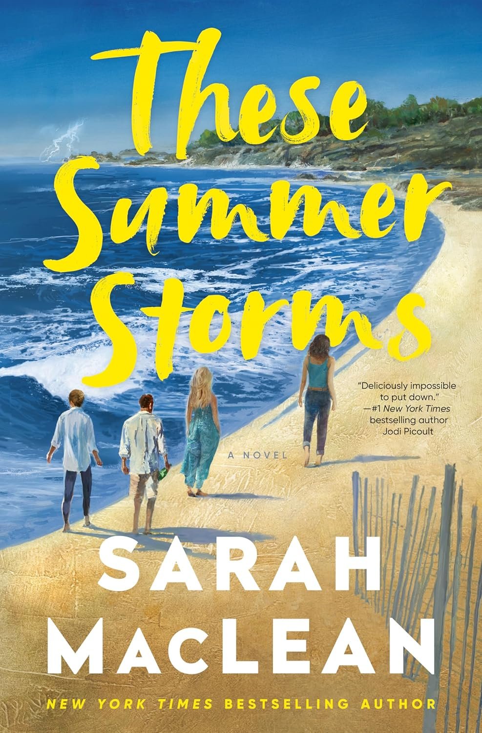 Book cover for 'These Summer Storms' by Sarah Maclean featuring illustration of four people walking on a sandy beach near the ocean with waves and a distant lightning storm in the cloudy sky.