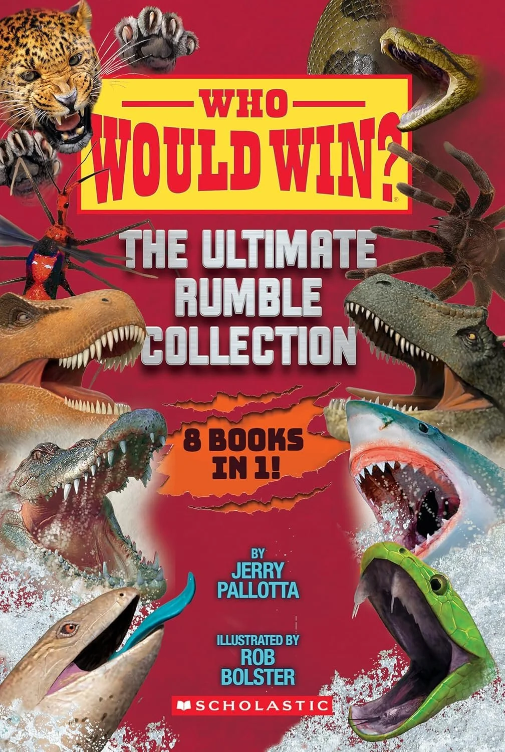 Book cover titled "Who Would Win? The Ultimate Rumble Collection" featuring various animals such as a jaguar, snake, spider, crab, crocodile, shark, and lizard engaged in a fierce competition.