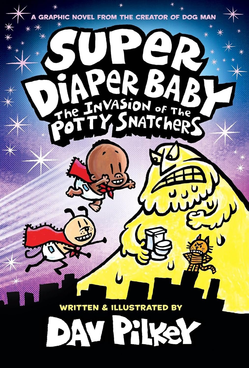 Book cover titled "Super Diaper Baby: The Invasion of the Potty Snatchers" by Dav Pilkey. 