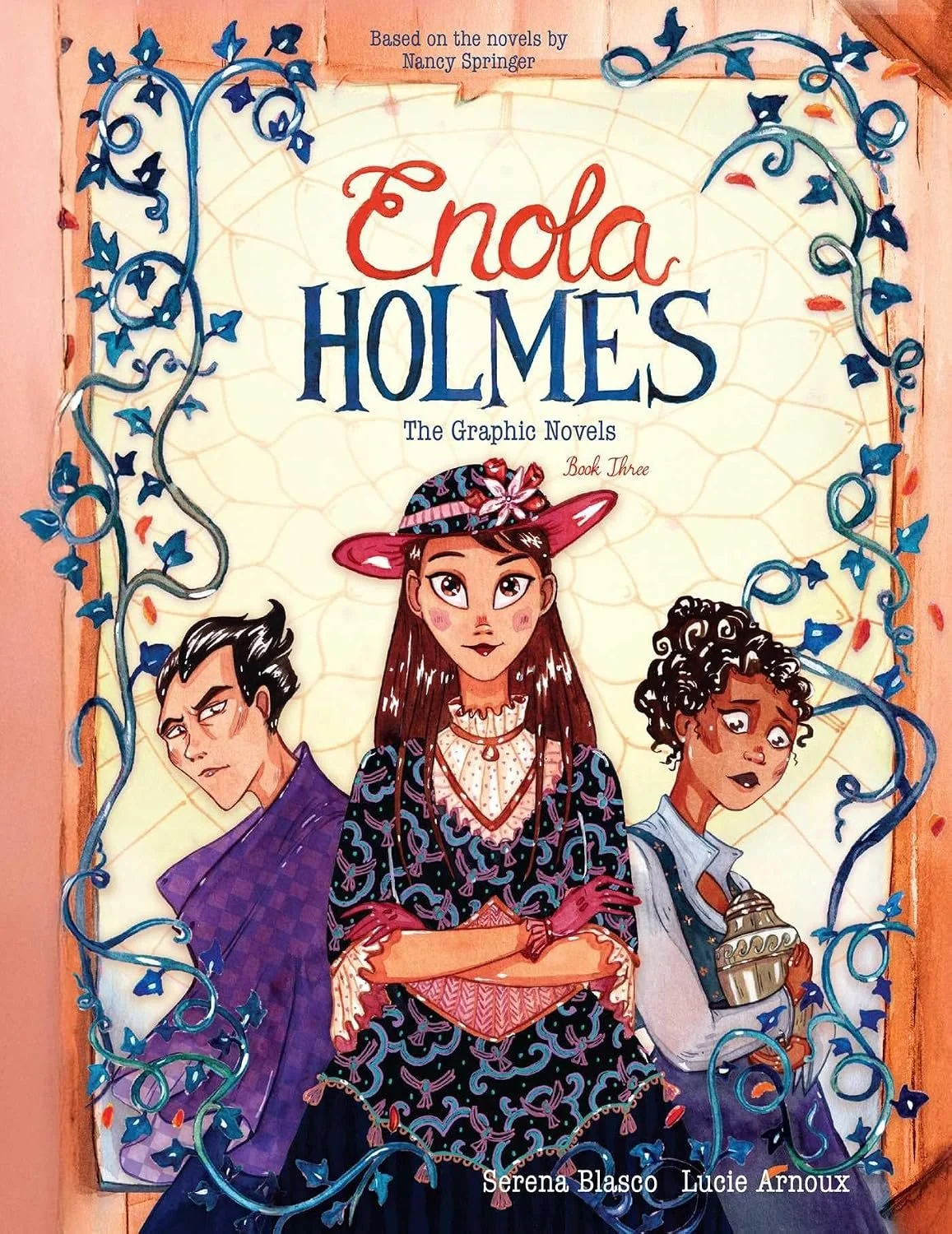 Cover of a book titled "Enola Holmes: The Graphic Novels, Book Three" by Serena Blasco and Lucie Arnoux. 