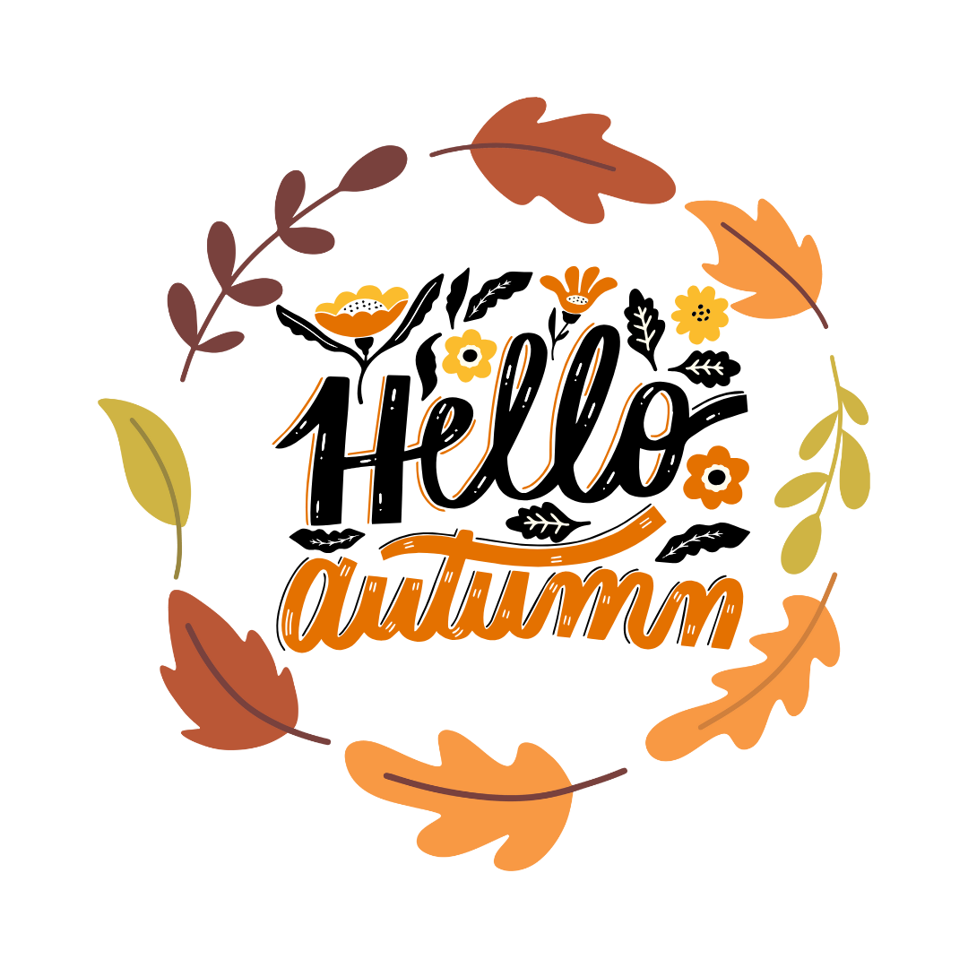 Illustration of a black bear with a background of orange and yellow landscape, surrounded by autumn leaves.