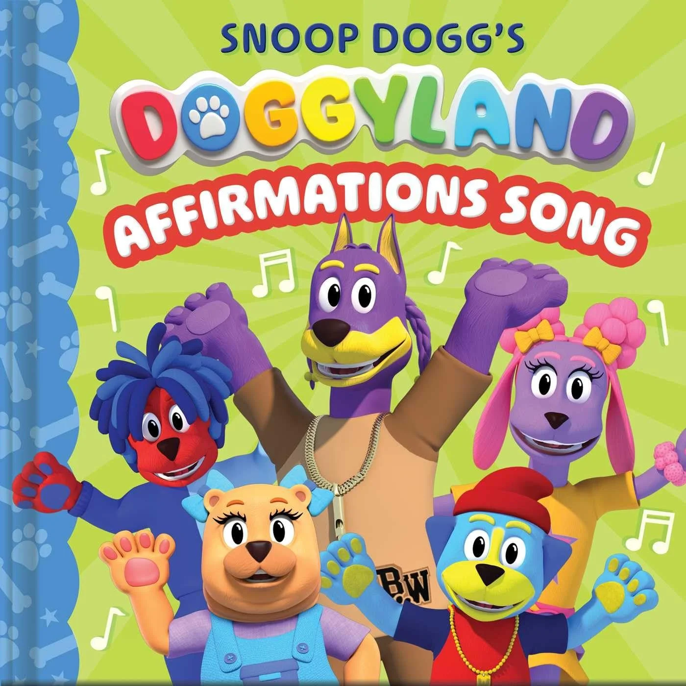 Colorful cover of a kids' book titled 'Snoop Dogg's Doggyland Affirmations Song' by Snoop Dogg.